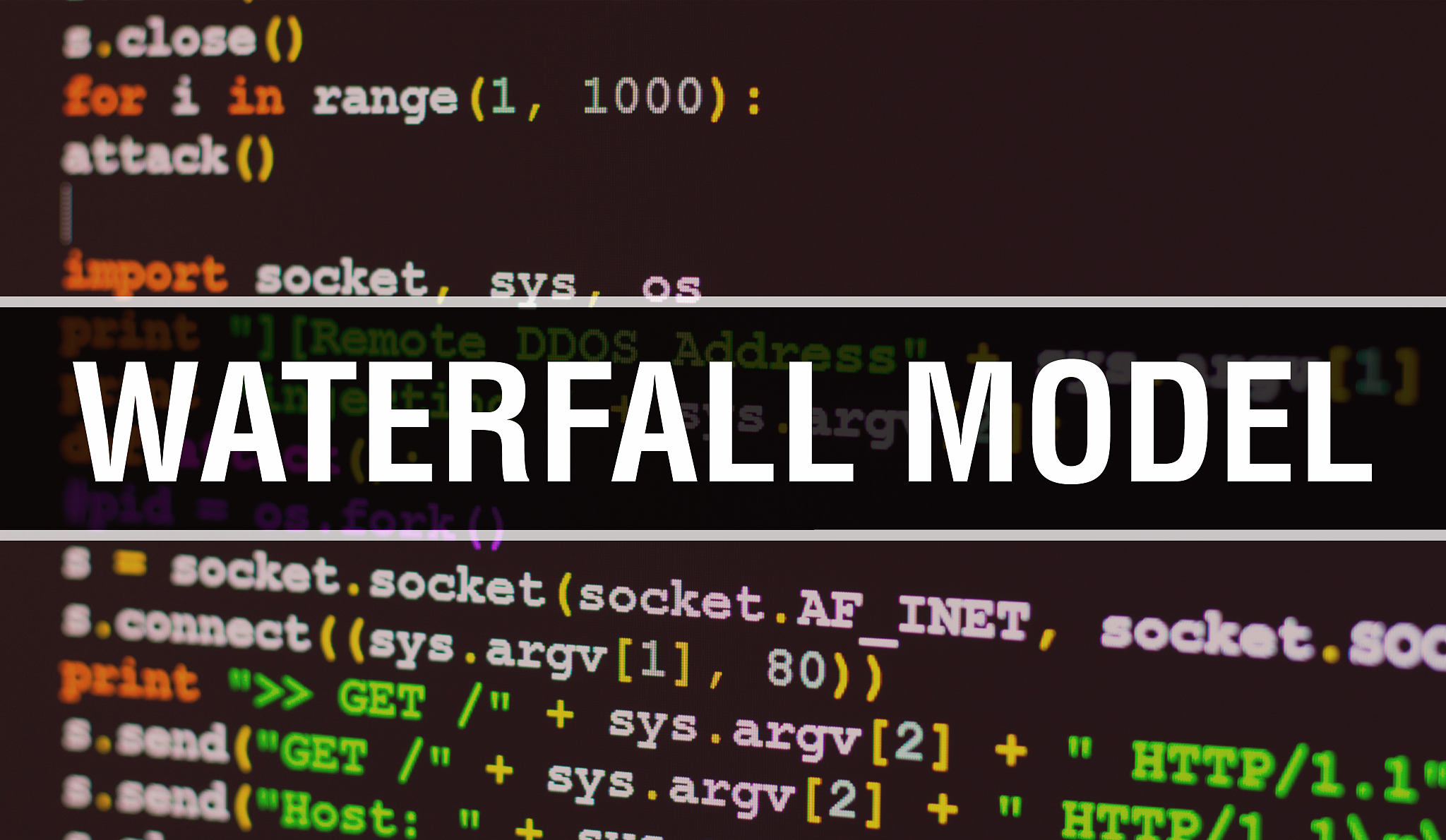 waterfall model concept with random parts of program code. water