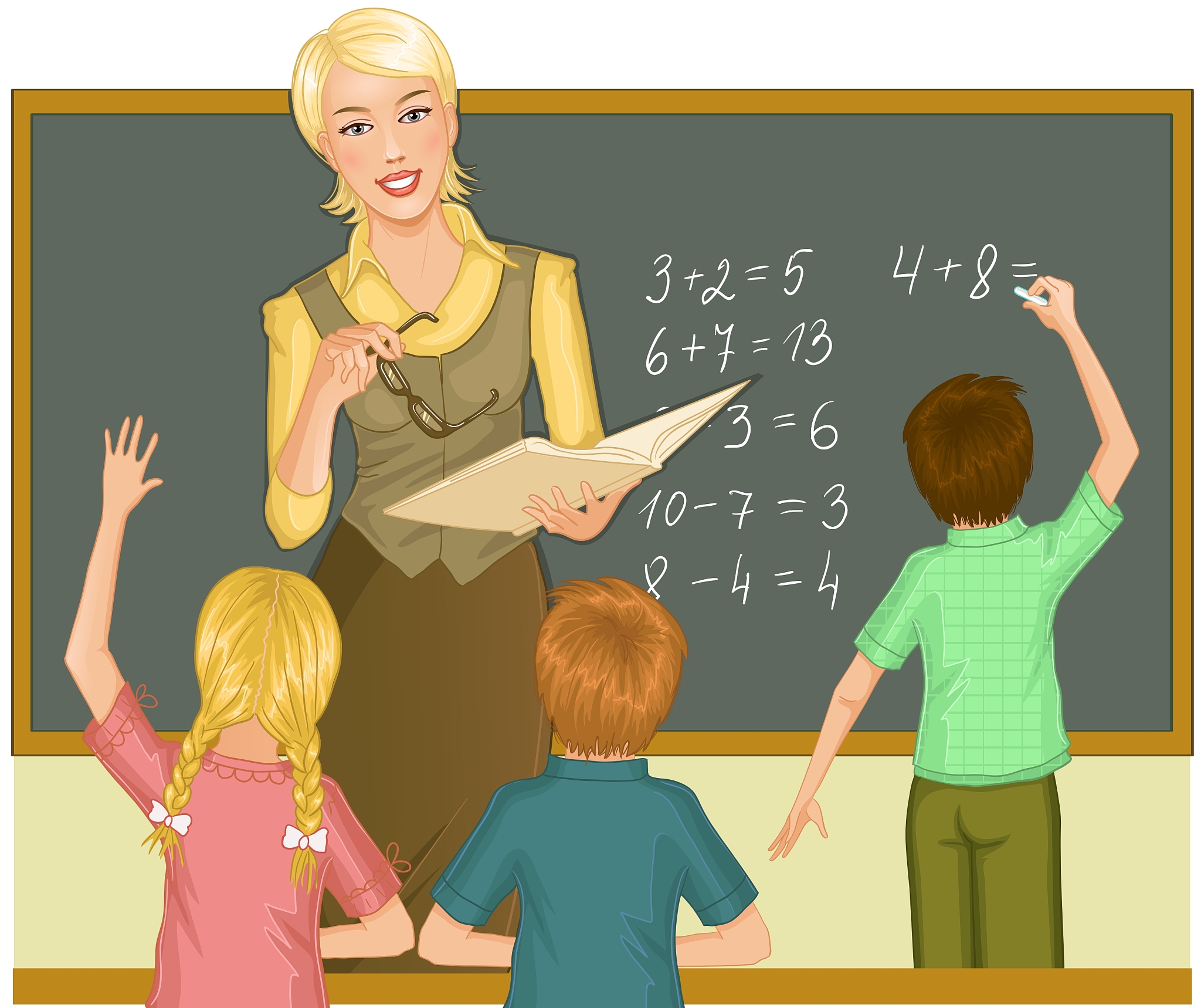 teacher at blackboard explains children
