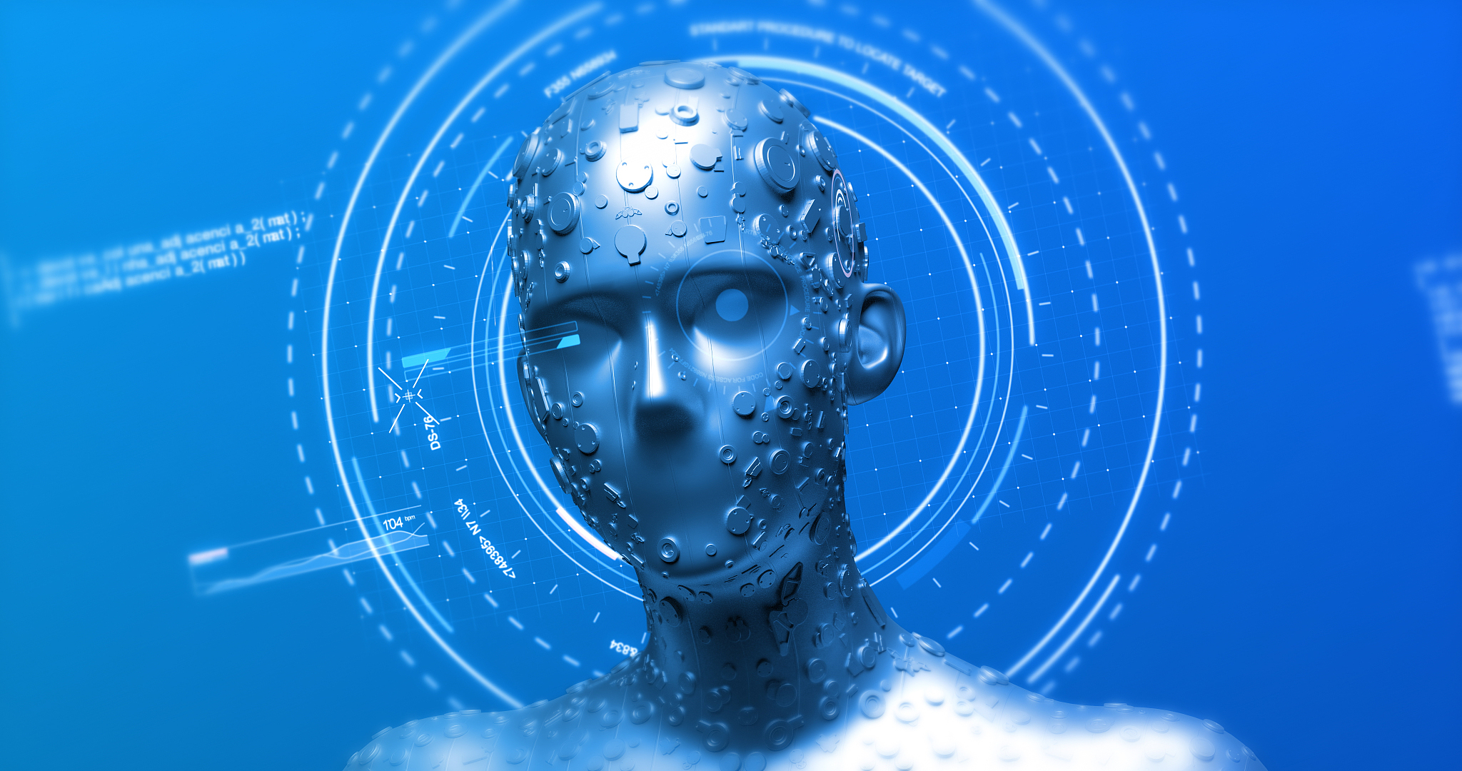 futuristic humanoid robot analyzing hud data - 3d illustration r