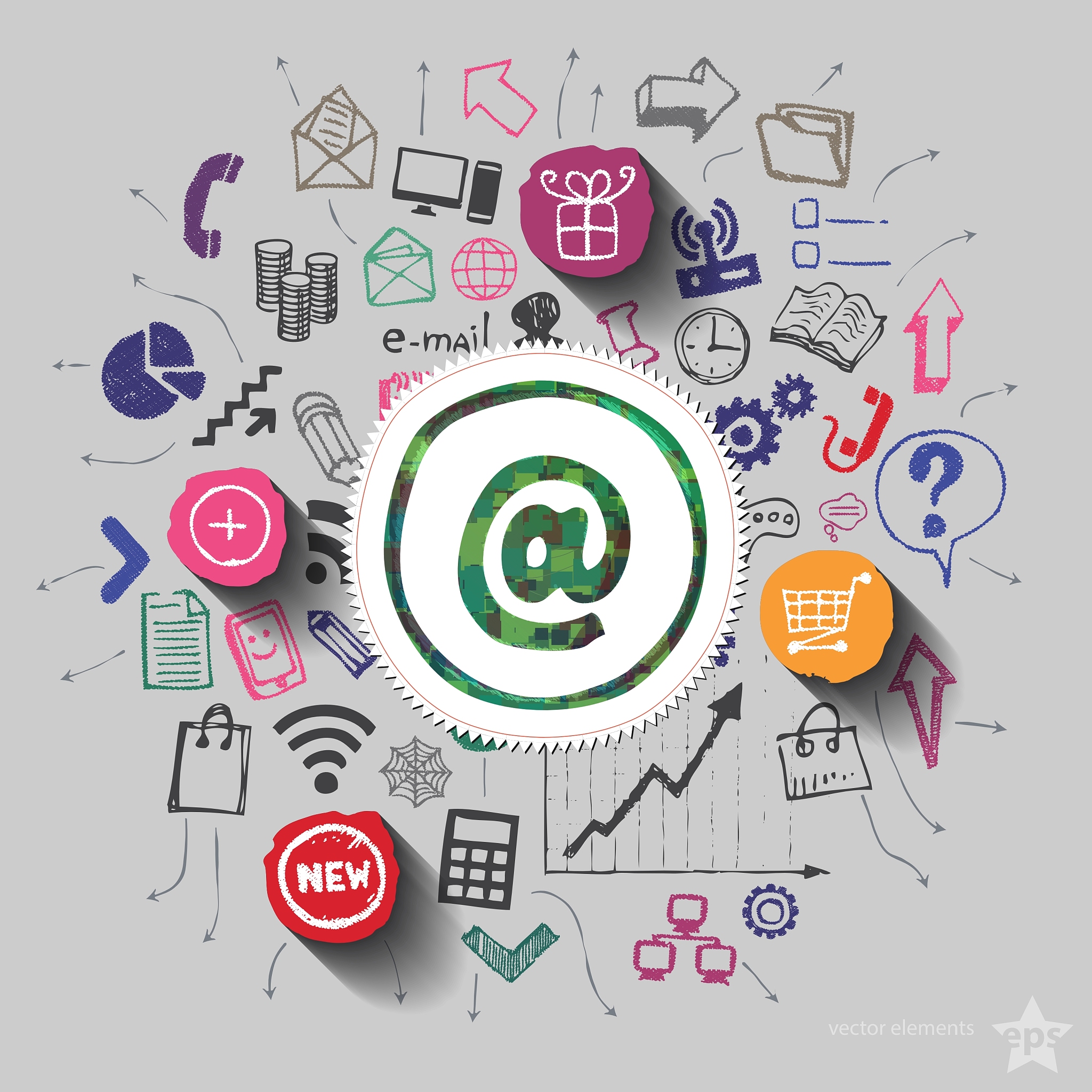 mail and collage with web icons background