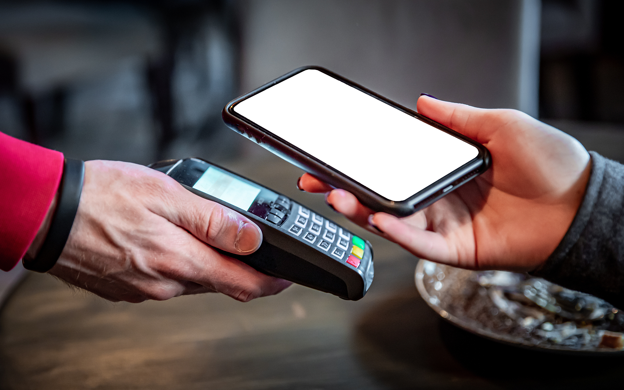 contactless mobile payment. mobile payment in cafe with smart ph