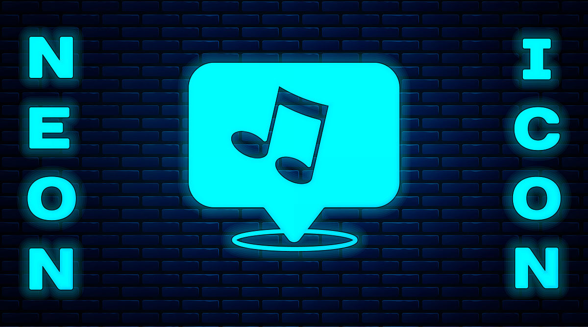 发光的霓虹灯音乐笔记,色调图标孤立在砖墙背景.向量