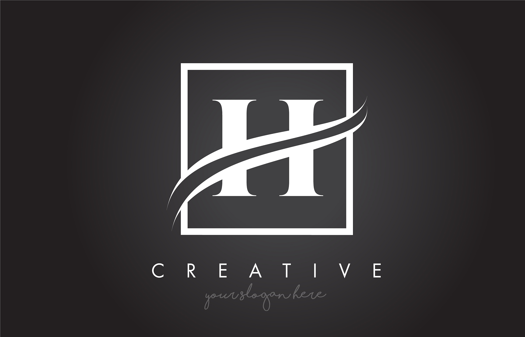 h letter logo design with square swoosh border