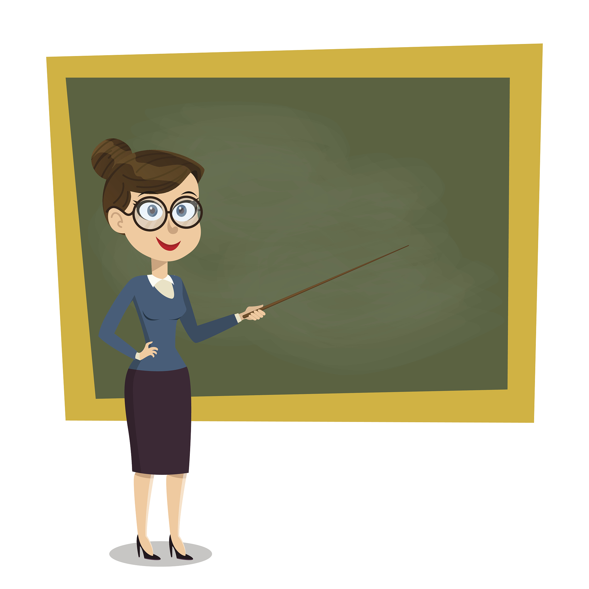 vector cartoon smiling female teacher with pointer on lesson at 