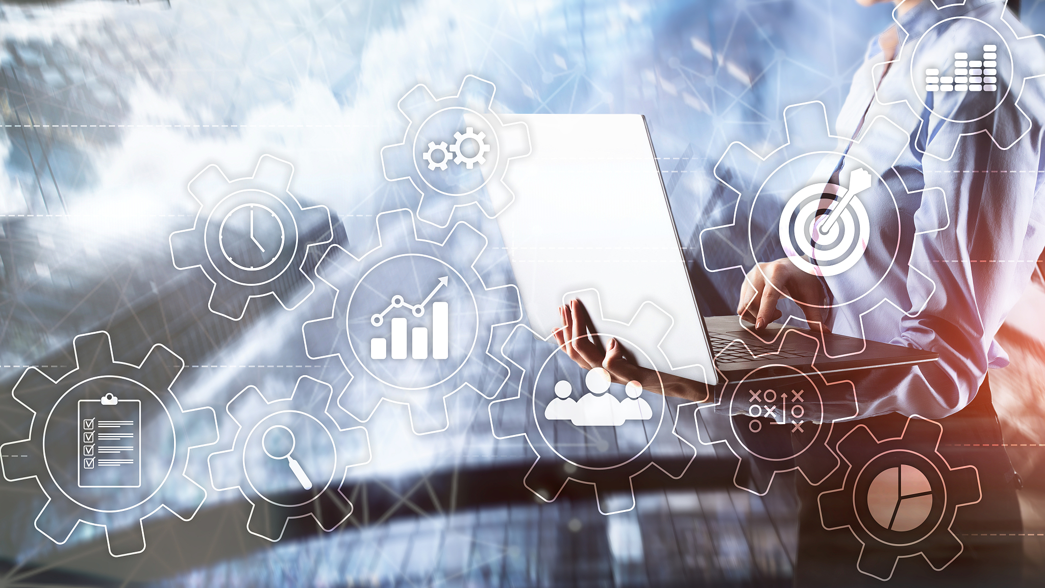 business process automation concept. gears and icons on abstract