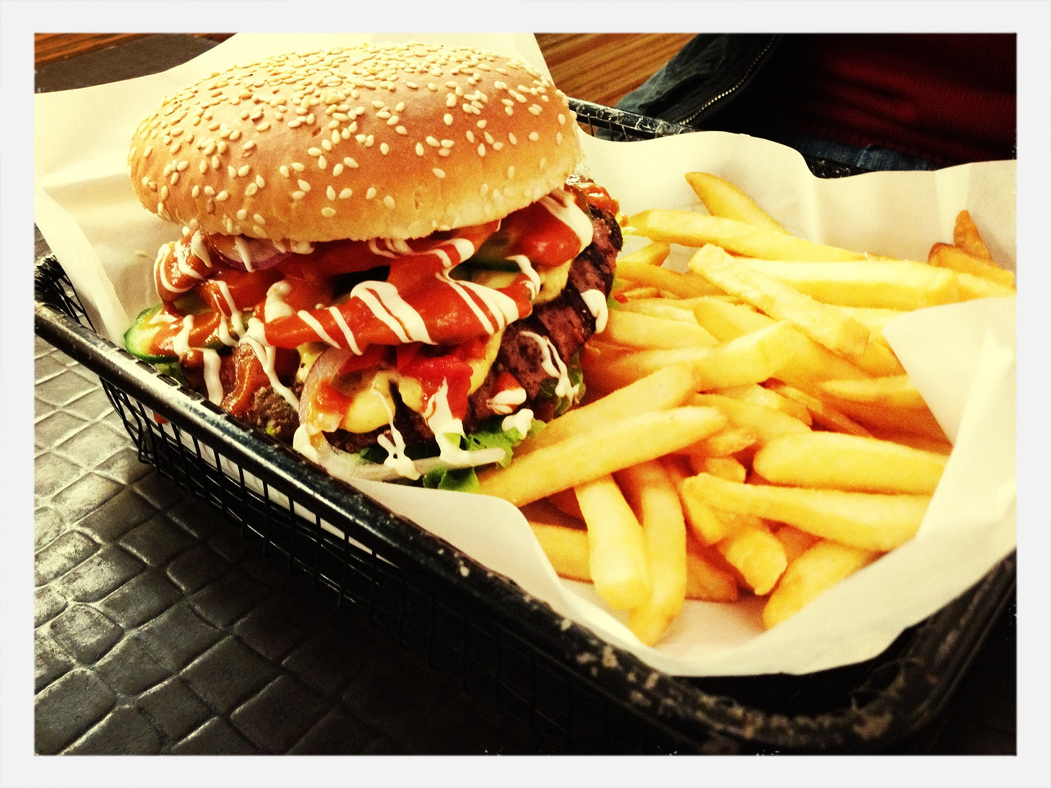 close-up of fries with ham burger