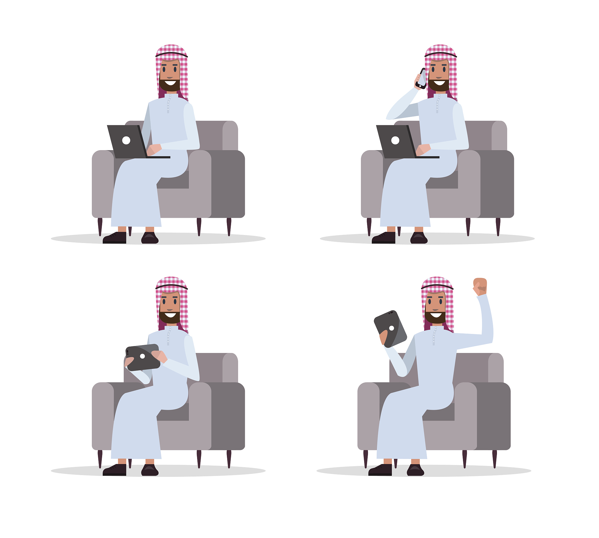 set of arab business man using device on sofa.