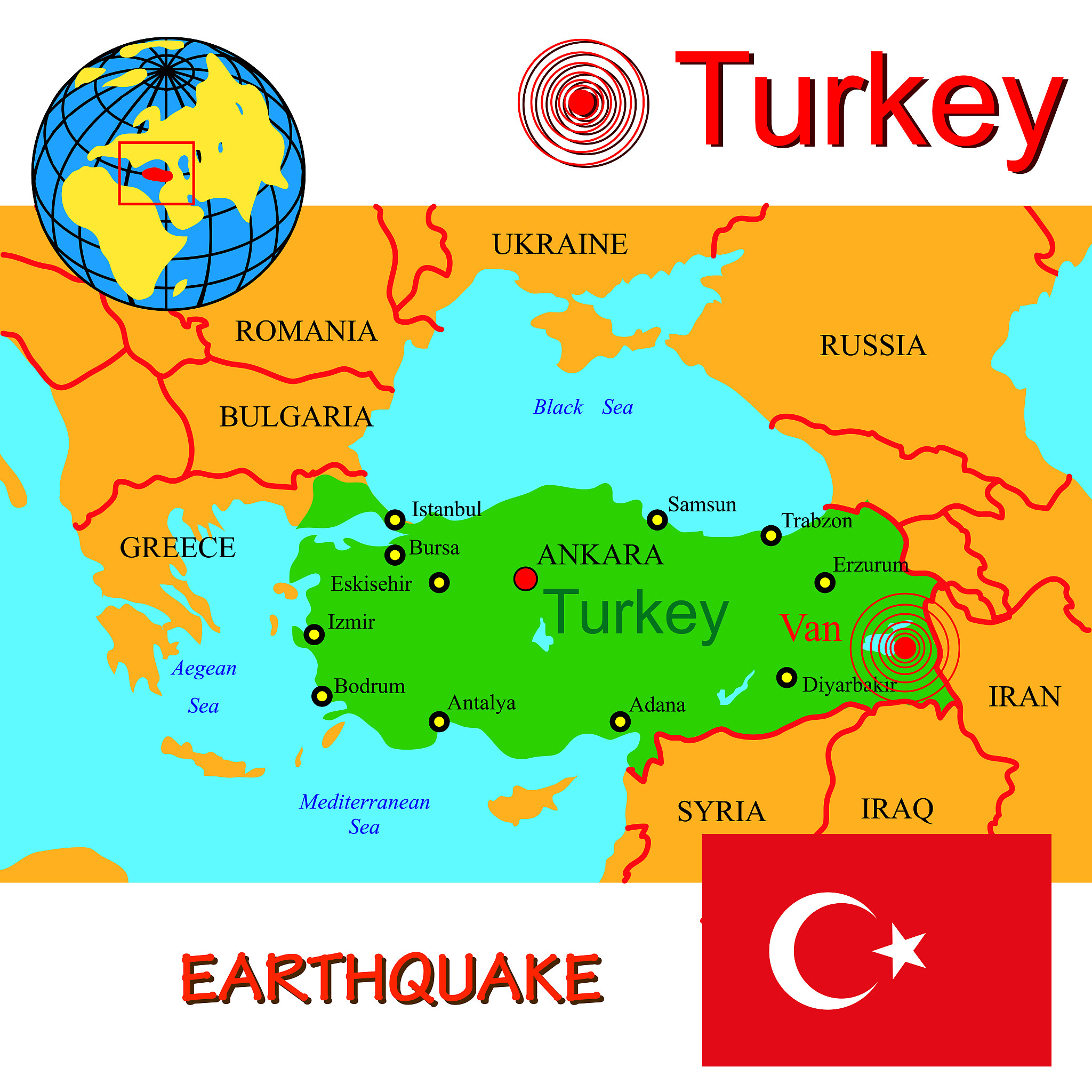 turkey map with epicenter earthquake.