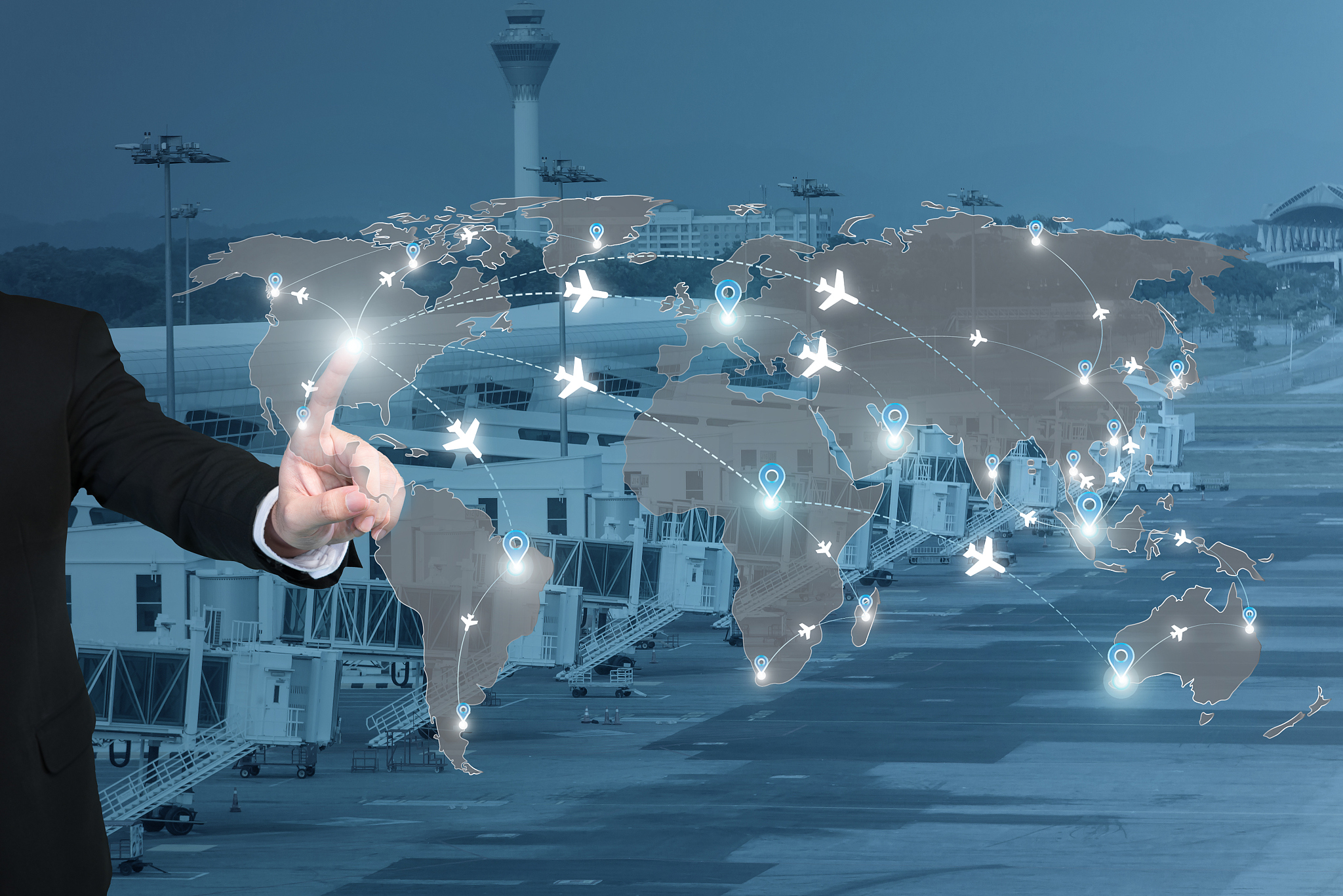 businessman working with virtual interface connection map