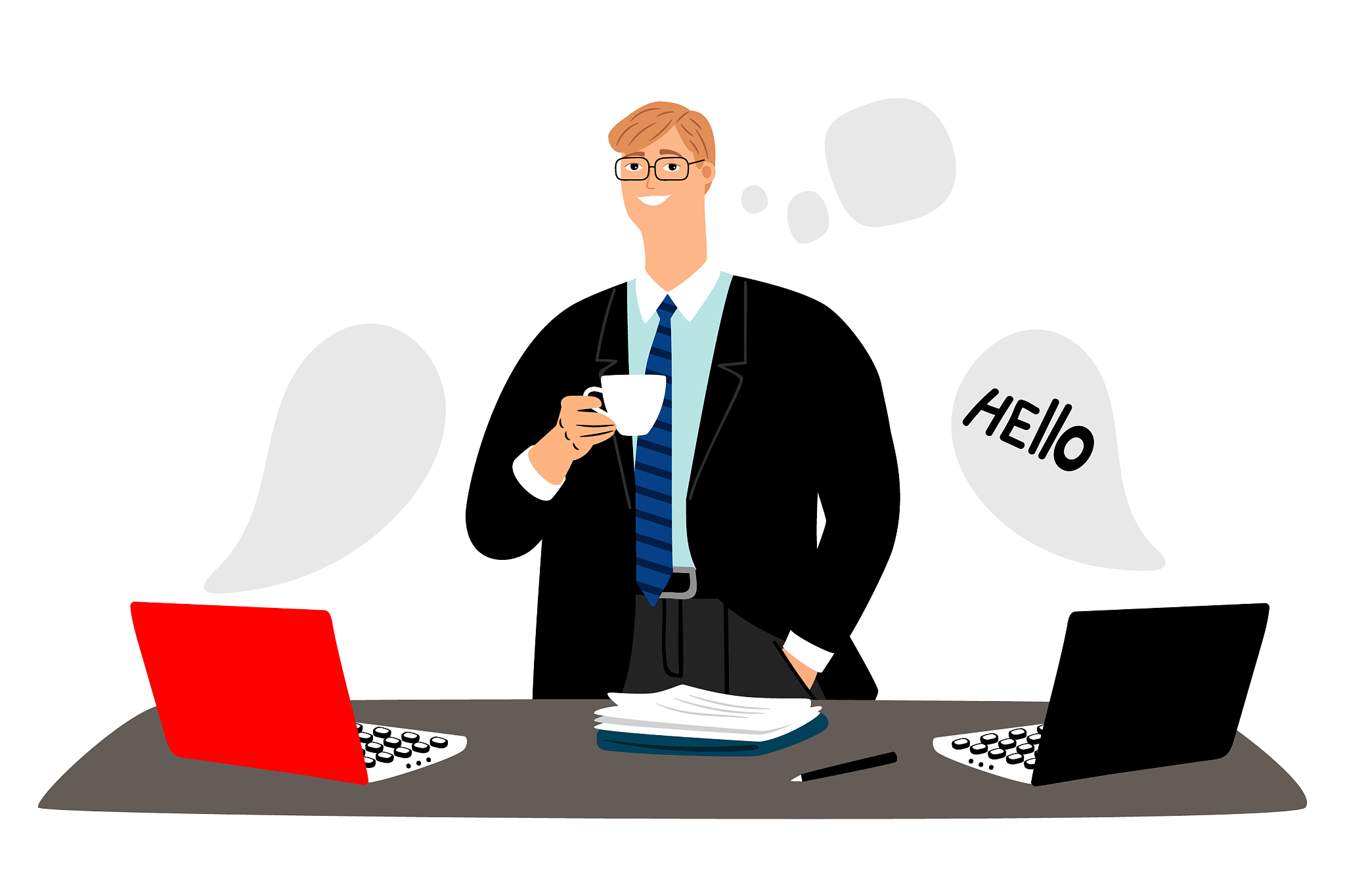 businessman leads online negotiations and drinks