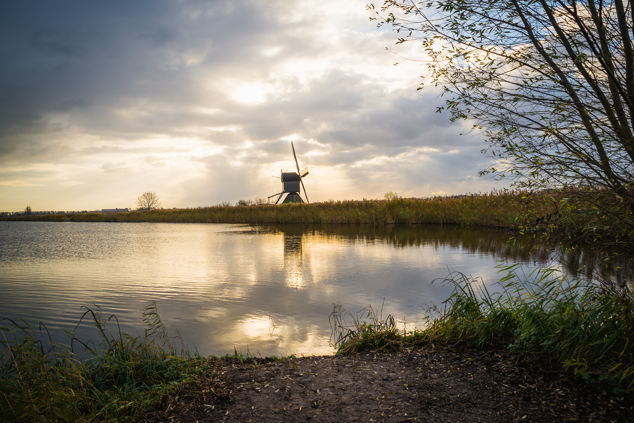 old windmills in kinderdijk at sunrise, holland, netherlands, eu