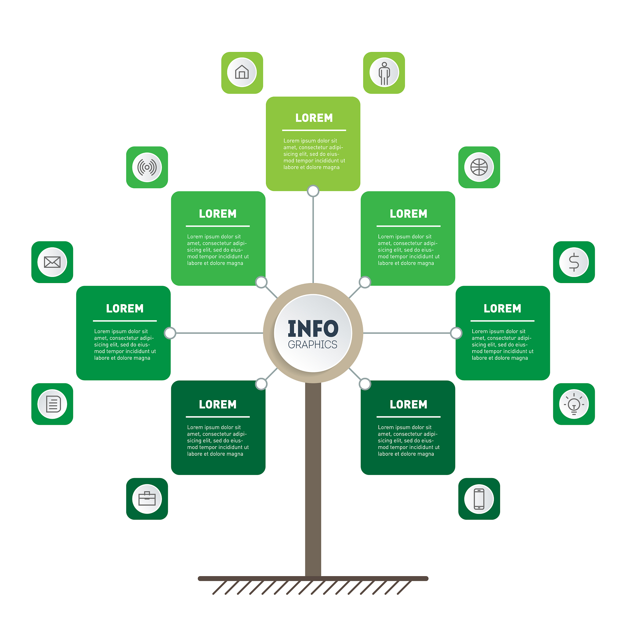 vertical green timeline infographics tree of