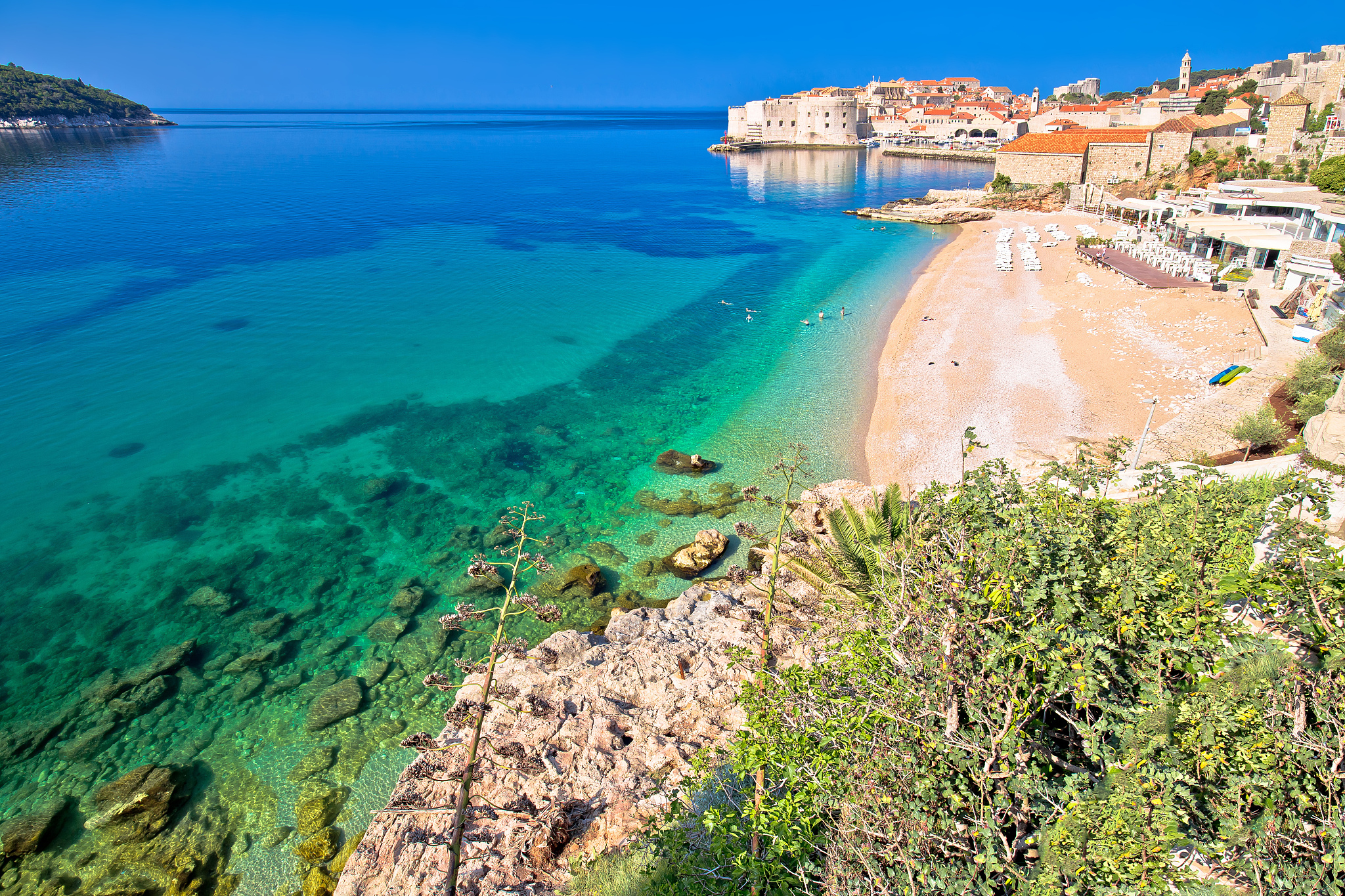 dubrovnik. banje beach and historic walls of dubrovnik view