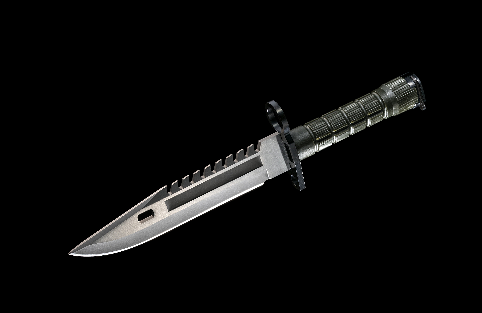 black military knife on black background