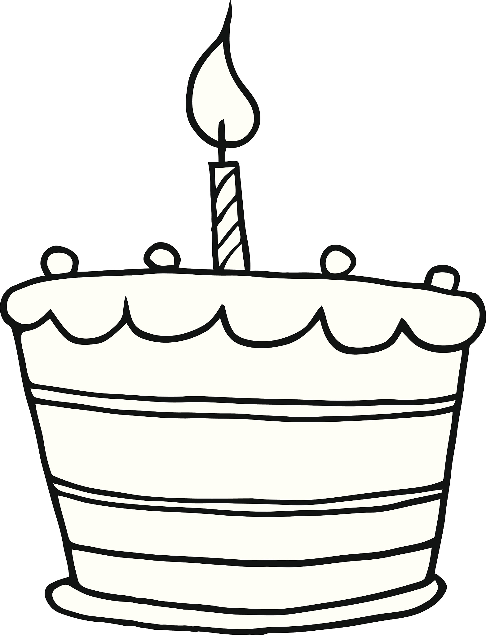 black and white birthday cake with one candle lit