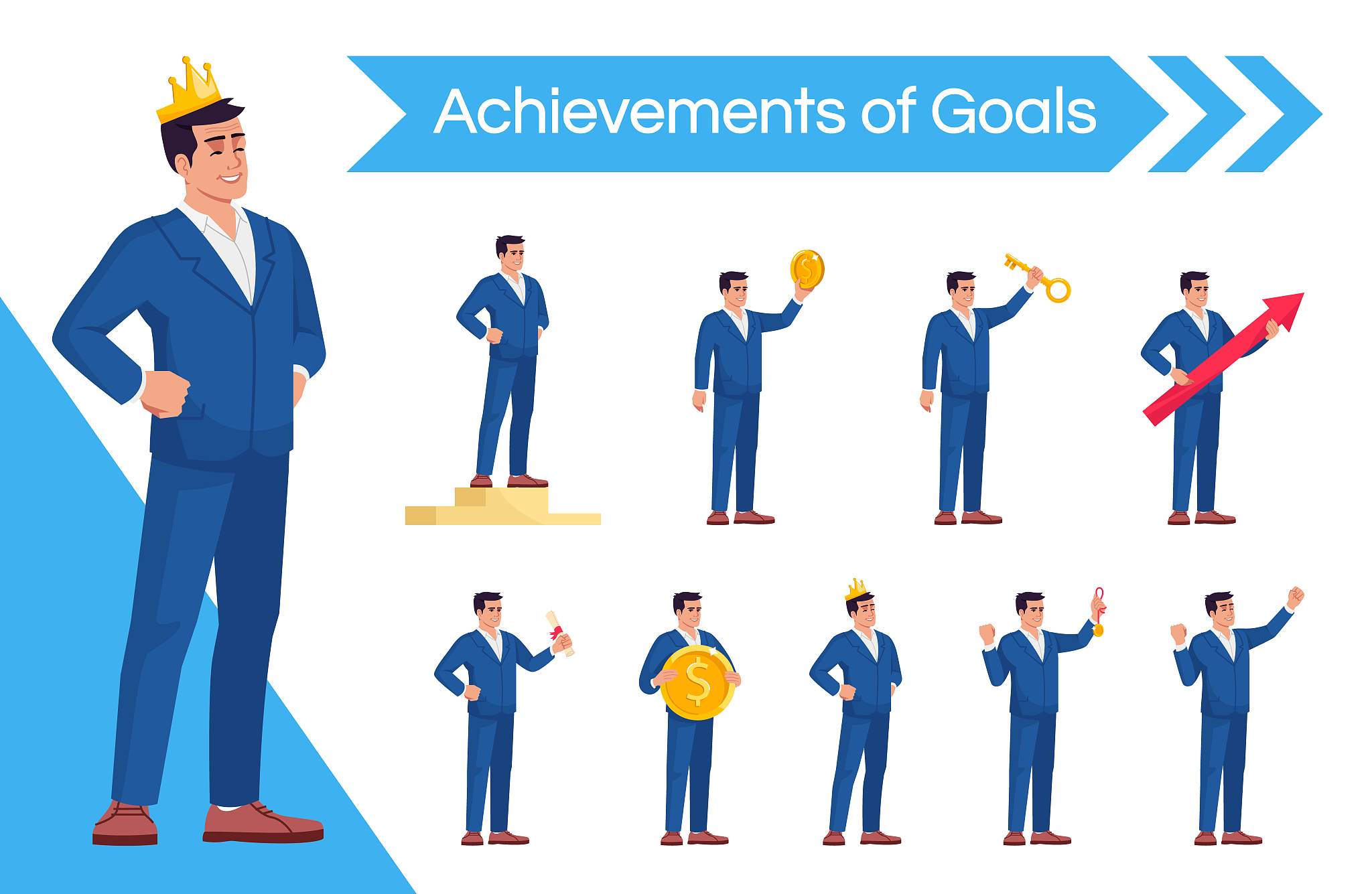 boss celebrating projects success flat vector illustrations set.