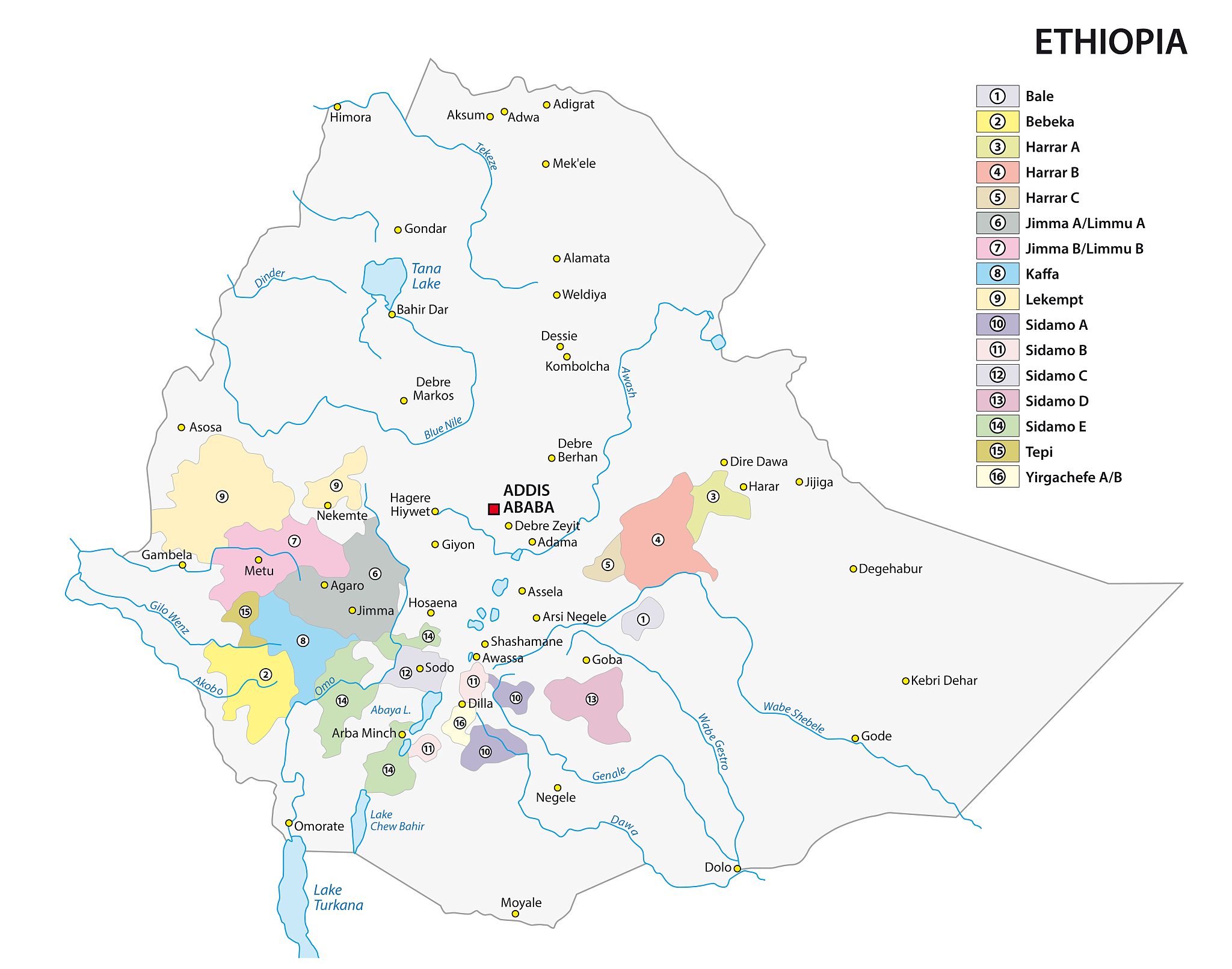 map of the coffee growing regions of ethiopia