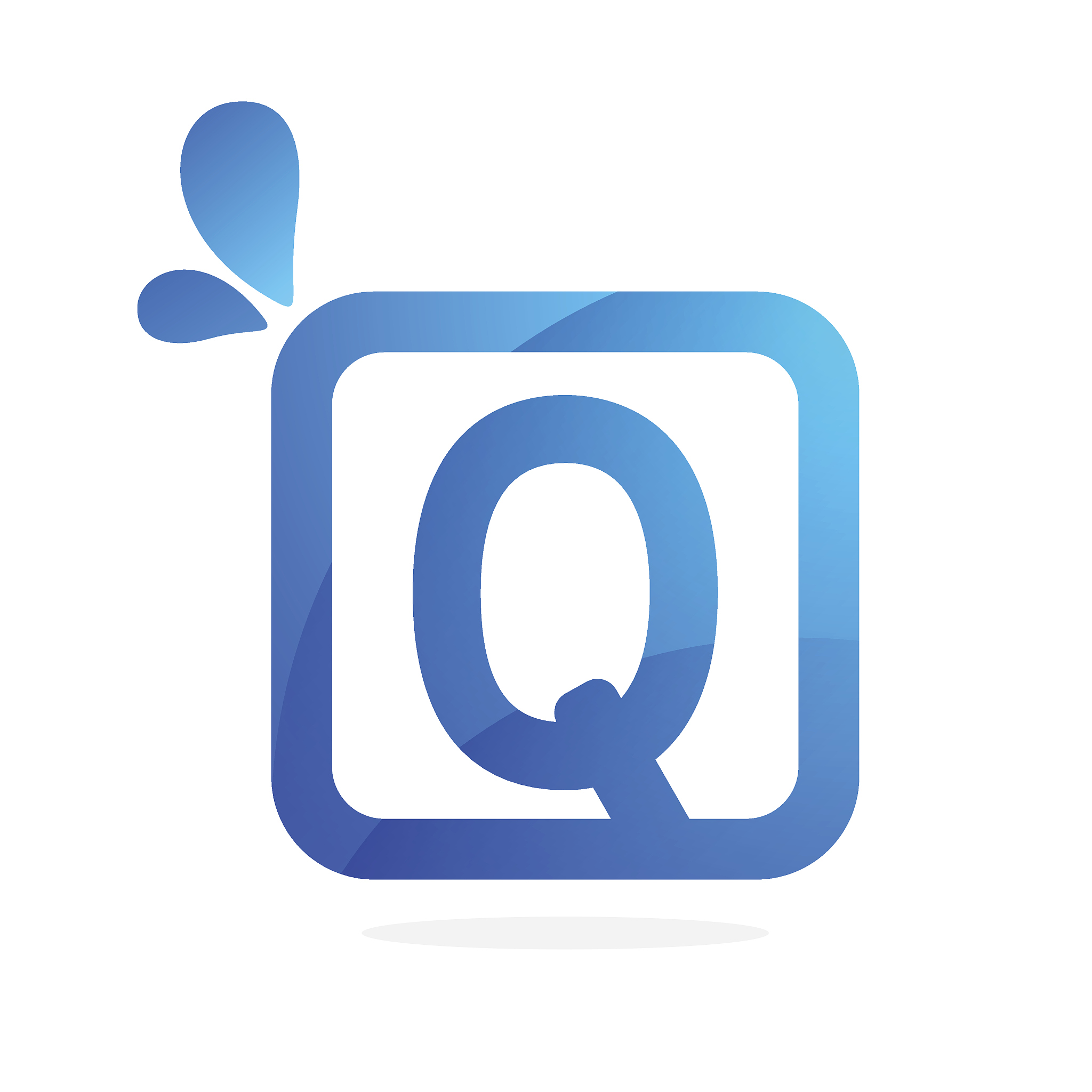 q letter icon in square with blue drops.