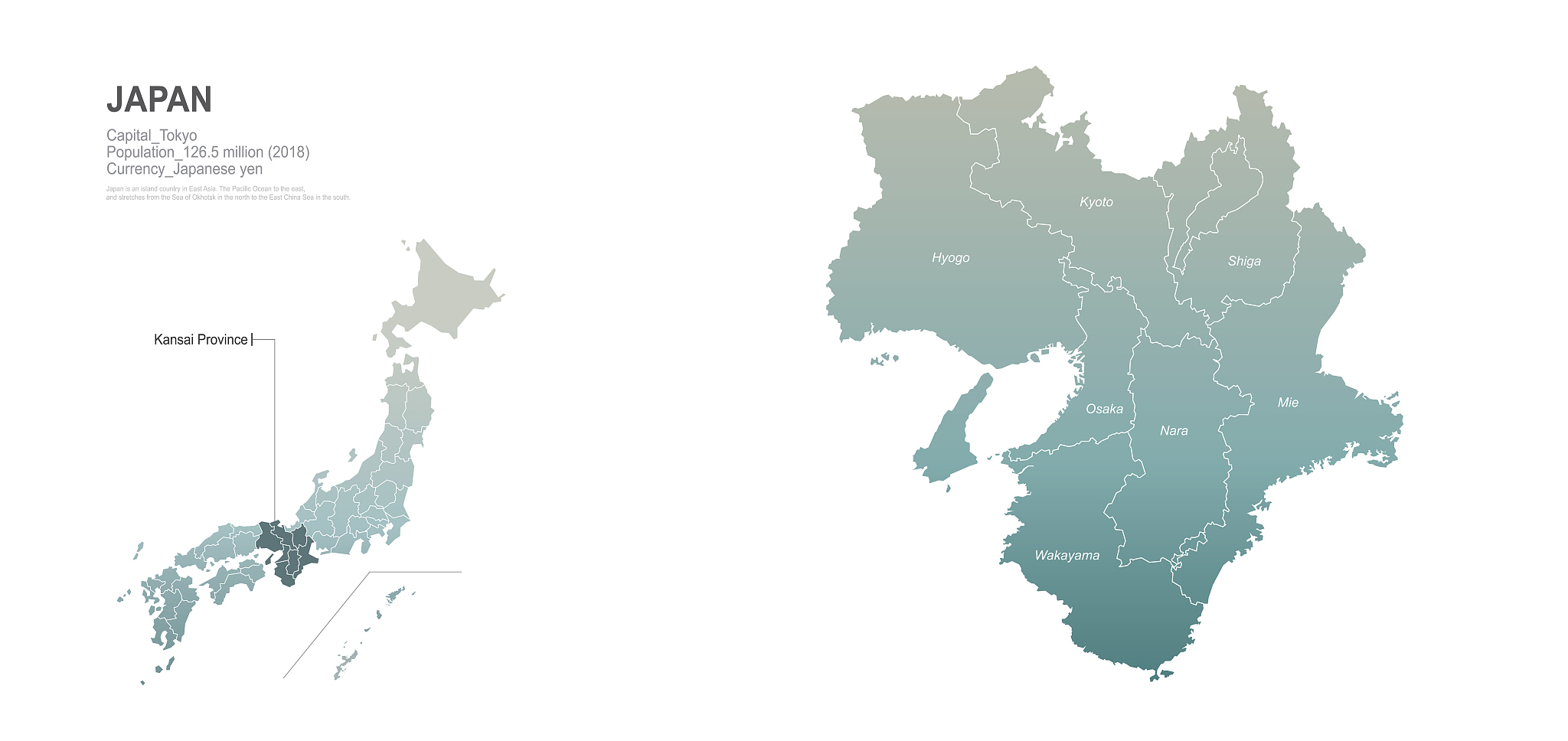 kansai map. japan region map. vector map of japan provinces.