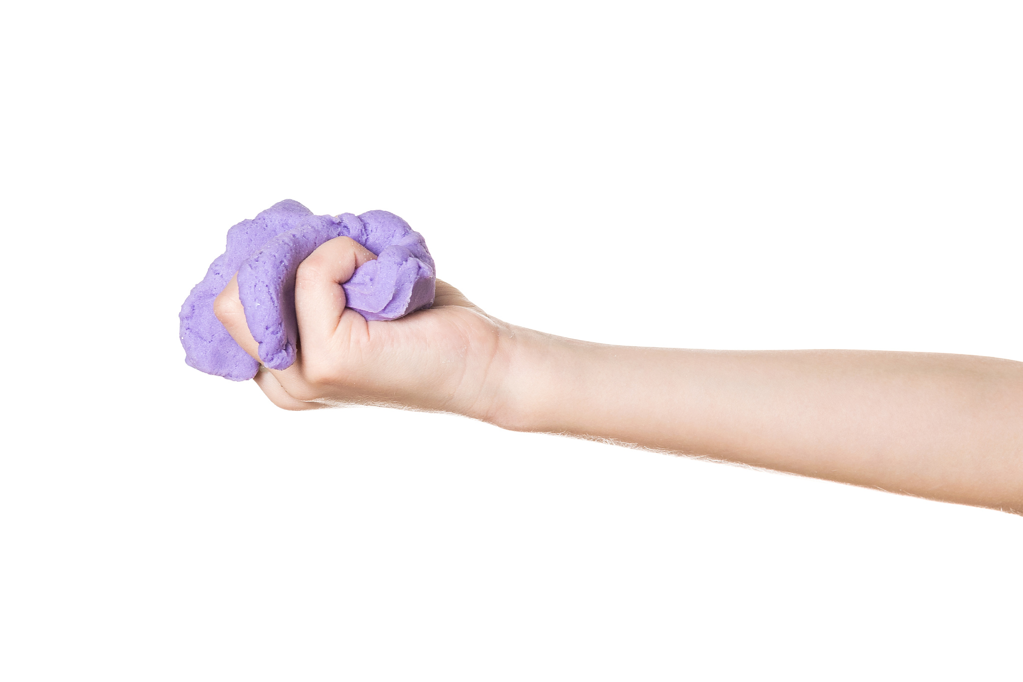purple slime in the right hand of a child isolated on a white ba