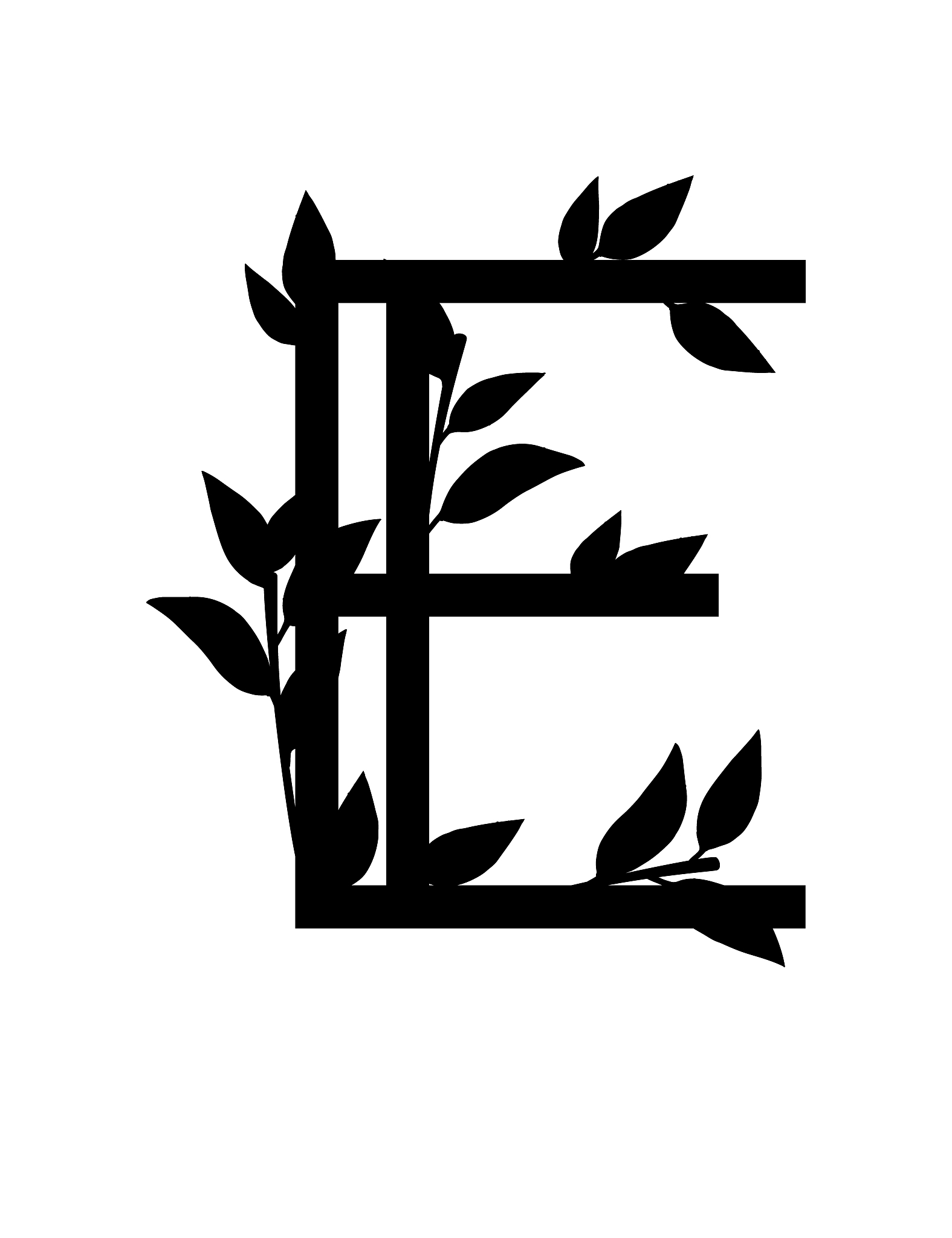 black silhouette letter e with covered leaves eco font flat vect