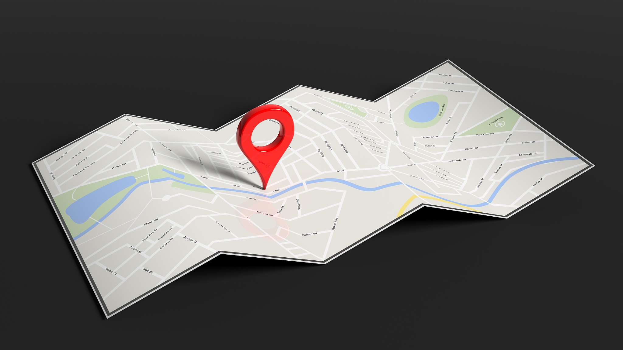 map with red pointer set, isolated on black background.