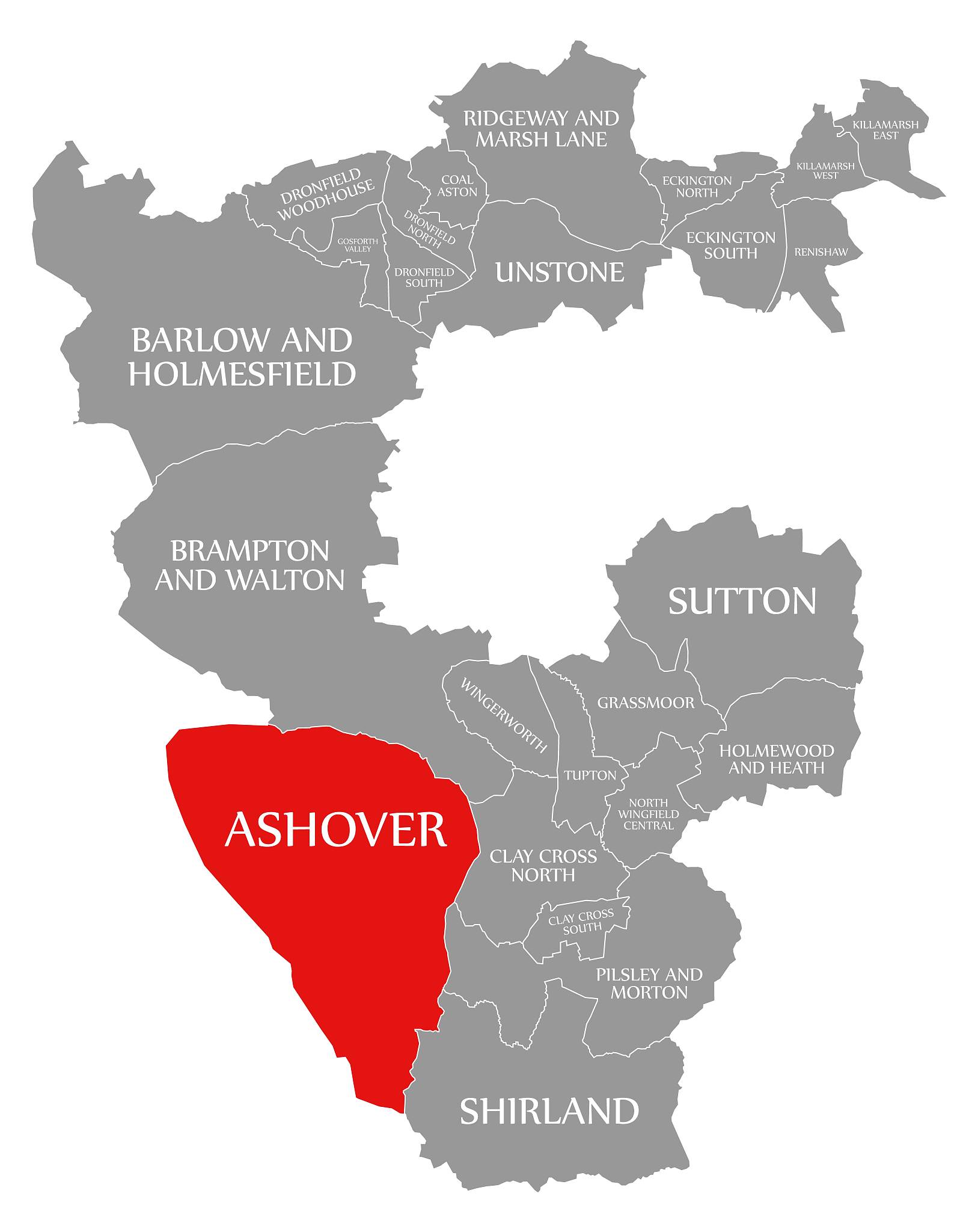 ashover red highlighted in map of north east derbyshire district