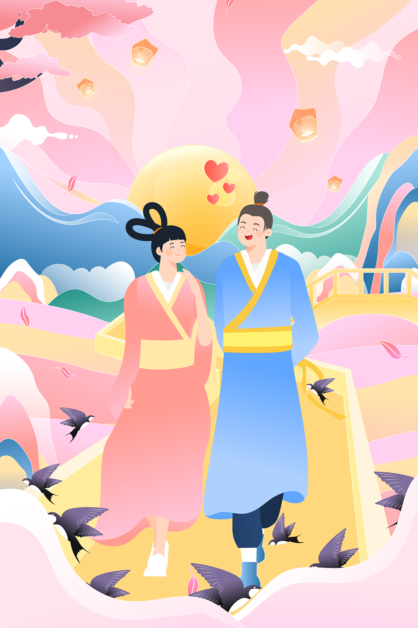 请生成一个以牛郎织女历史故事为背景的搞怪画风游戏设计要求游戏要有三个关卡最后以牛郎织女可以永远地幸福生活在一起为结局