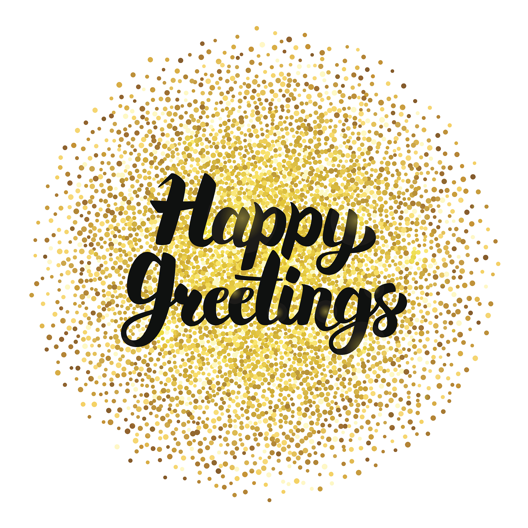 happy greetings lettering over gold