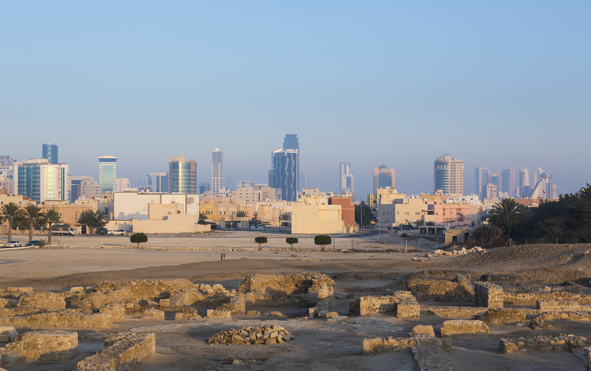 ruins around the recontructed bahrain fort near manama at seef, 