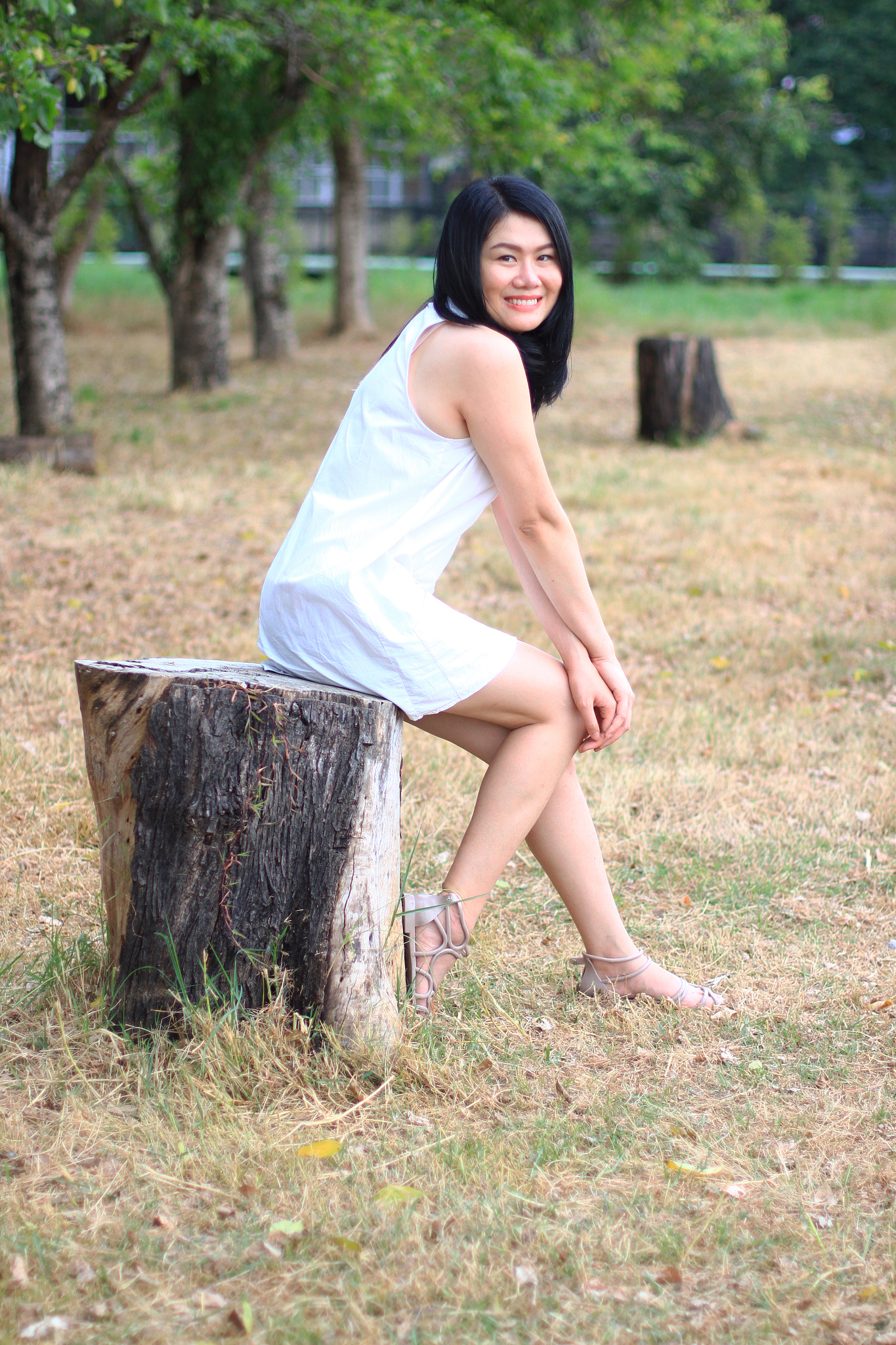 beautiful asian woman in white dress sitting on tree stump and s