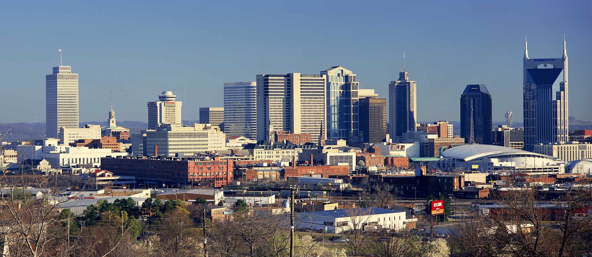 "panoramic view of nashville, tennessee skyline in morning light