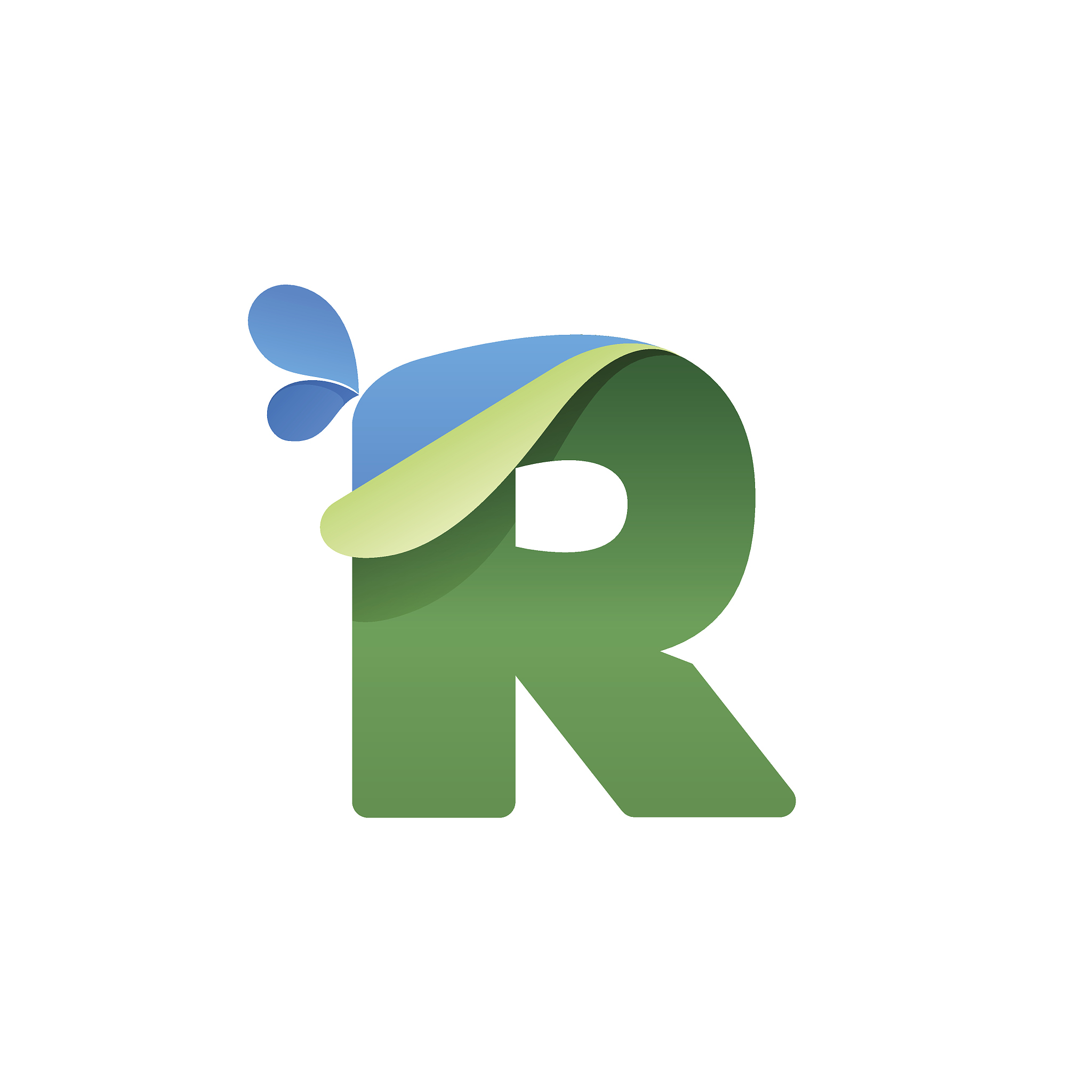 r letter icon with blue drops and folded corner.