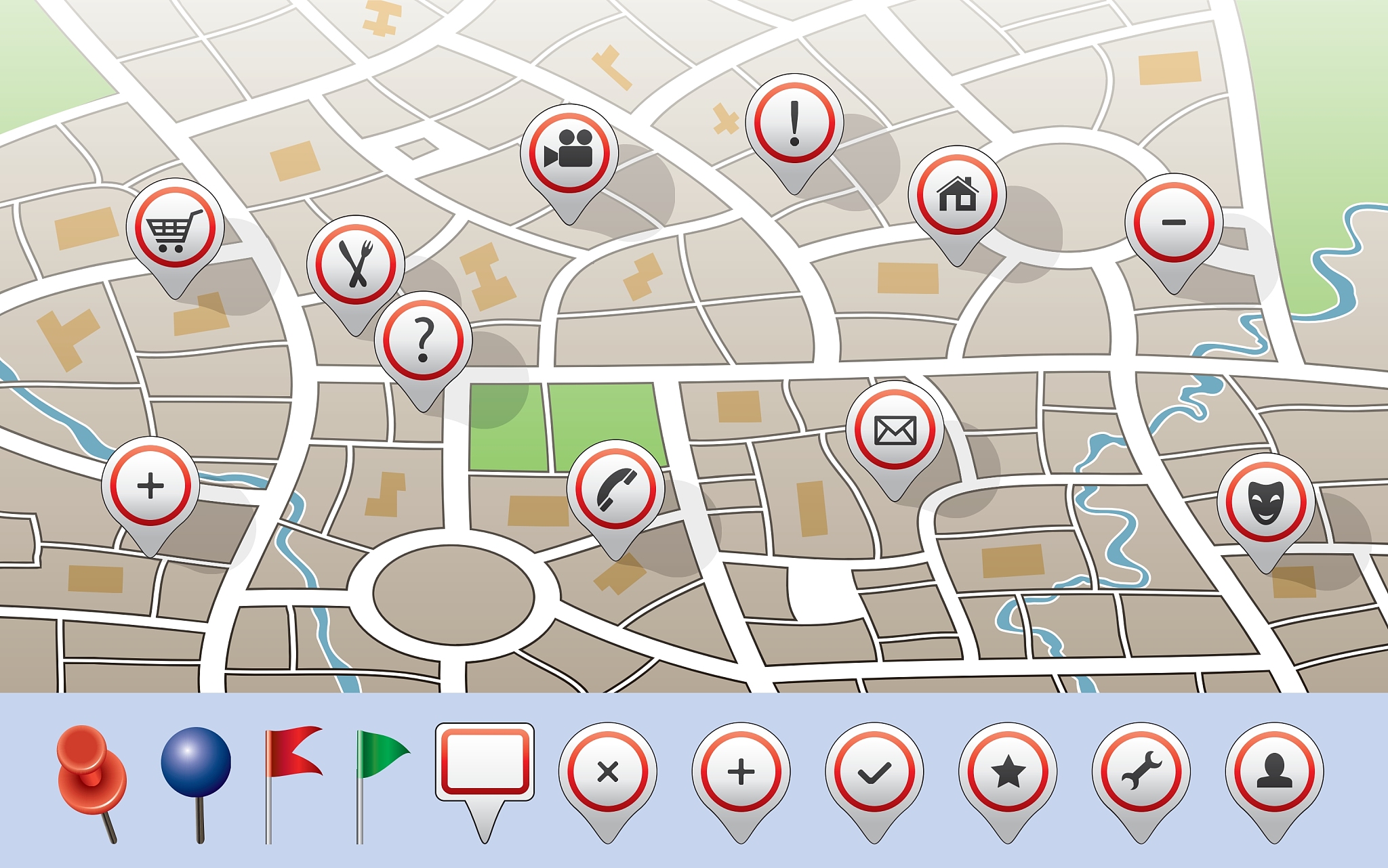 city map with gps icons