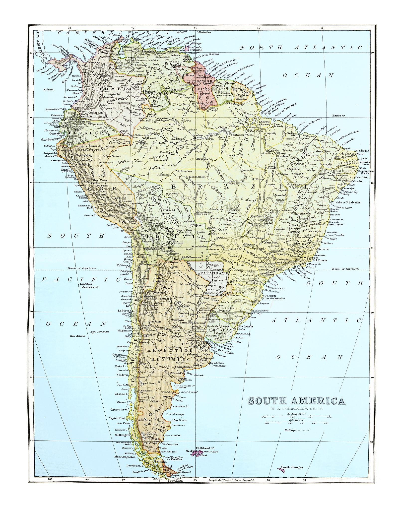 old map of south america continent, published 1894.