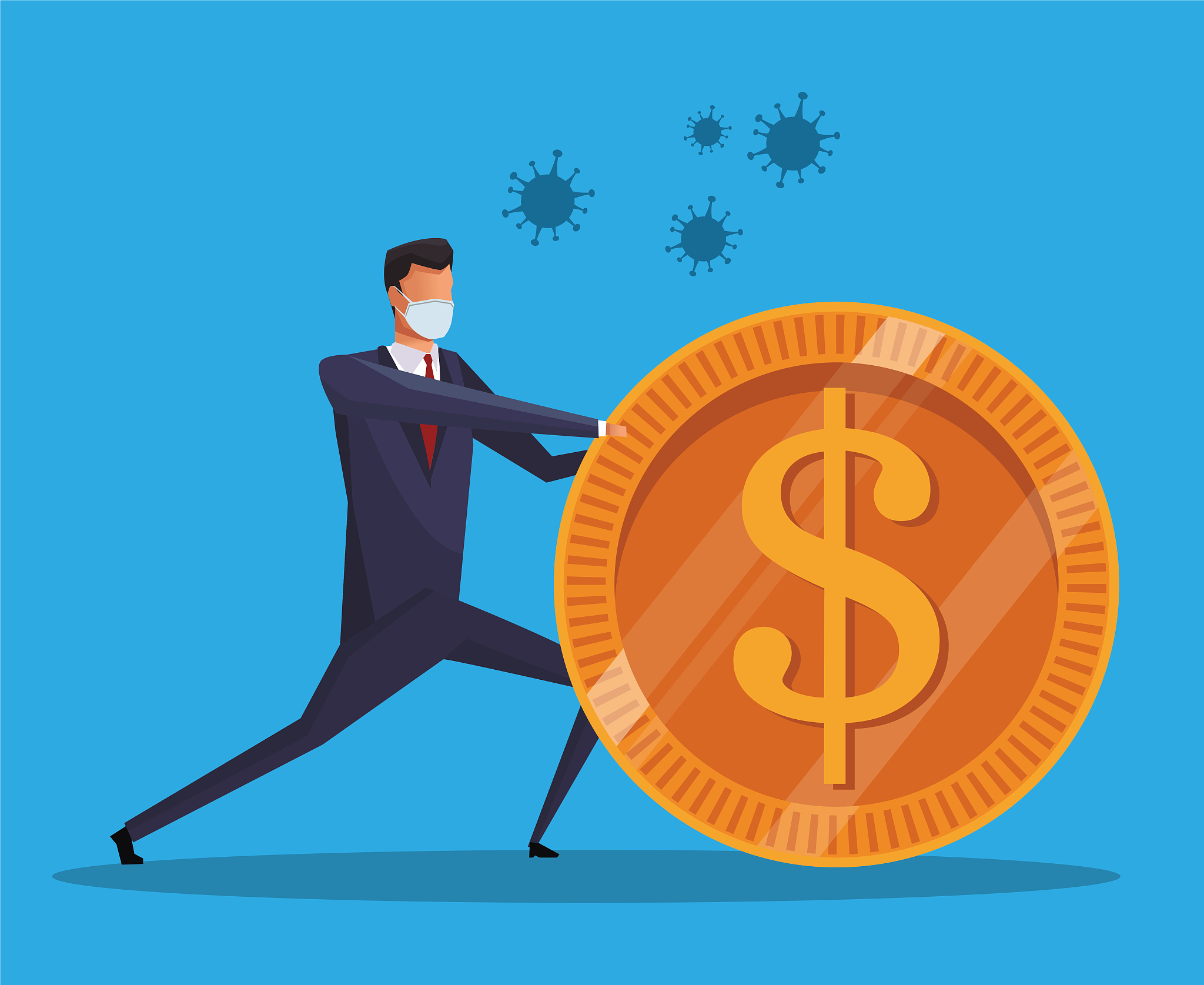 businessman wearing medical mask with coin money