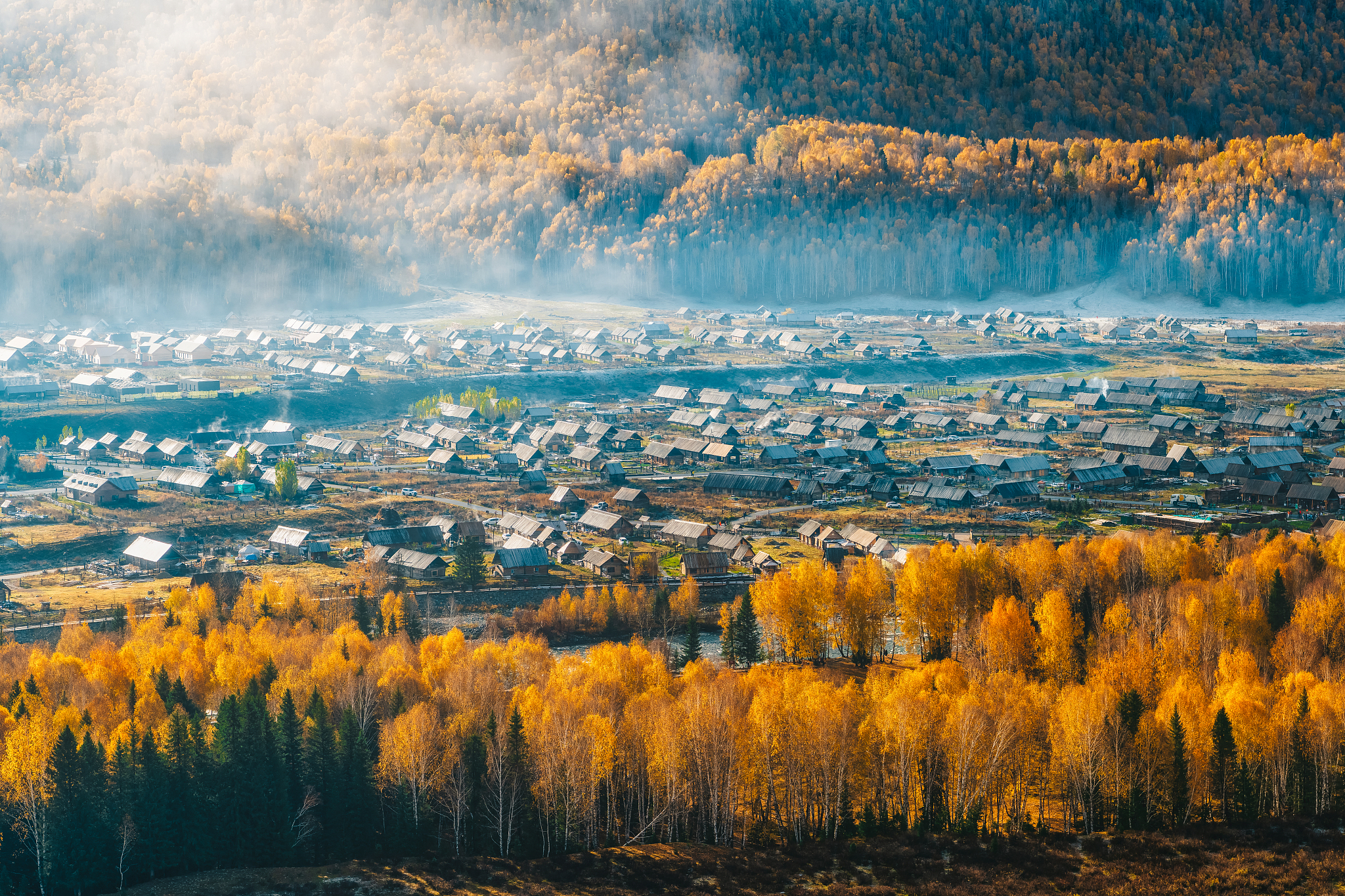 禾木清晨：白云飘过，金黄白桦林映照雪山美景