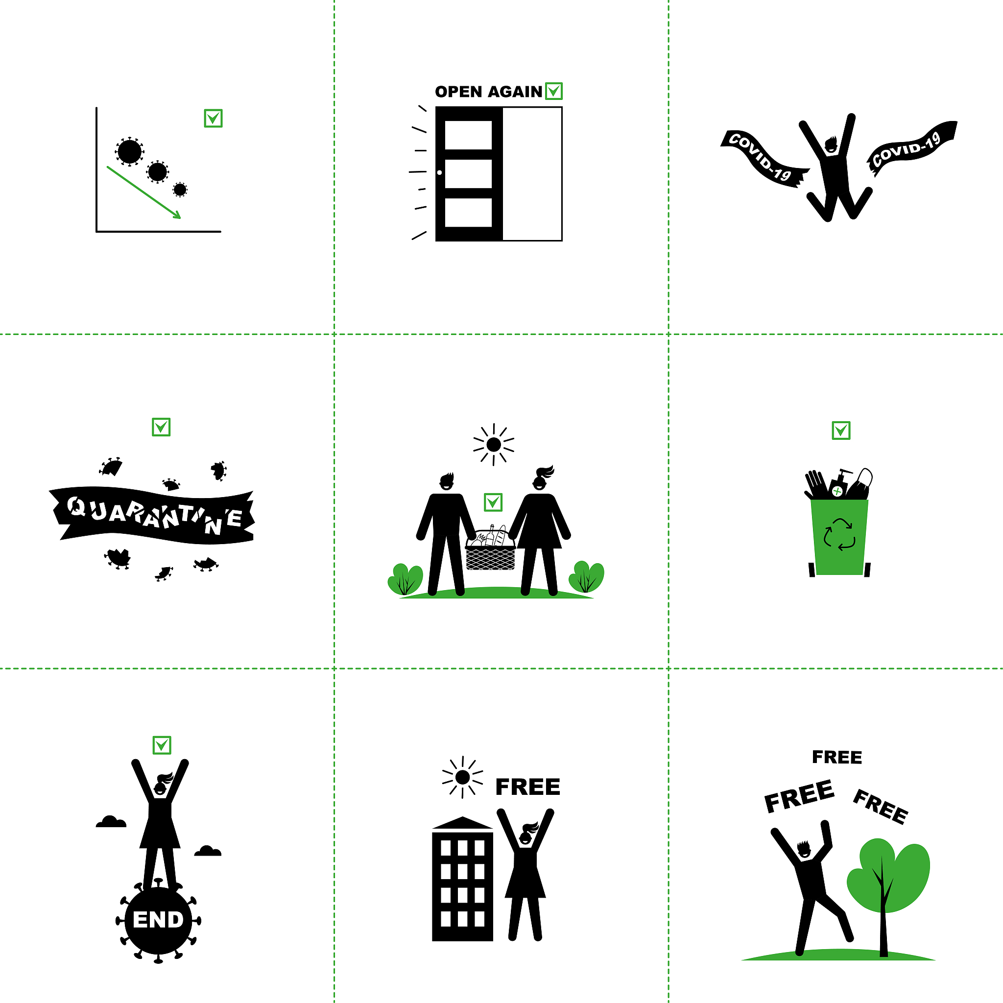 set of vector icons of end of quarantine, virus epidemic, corona