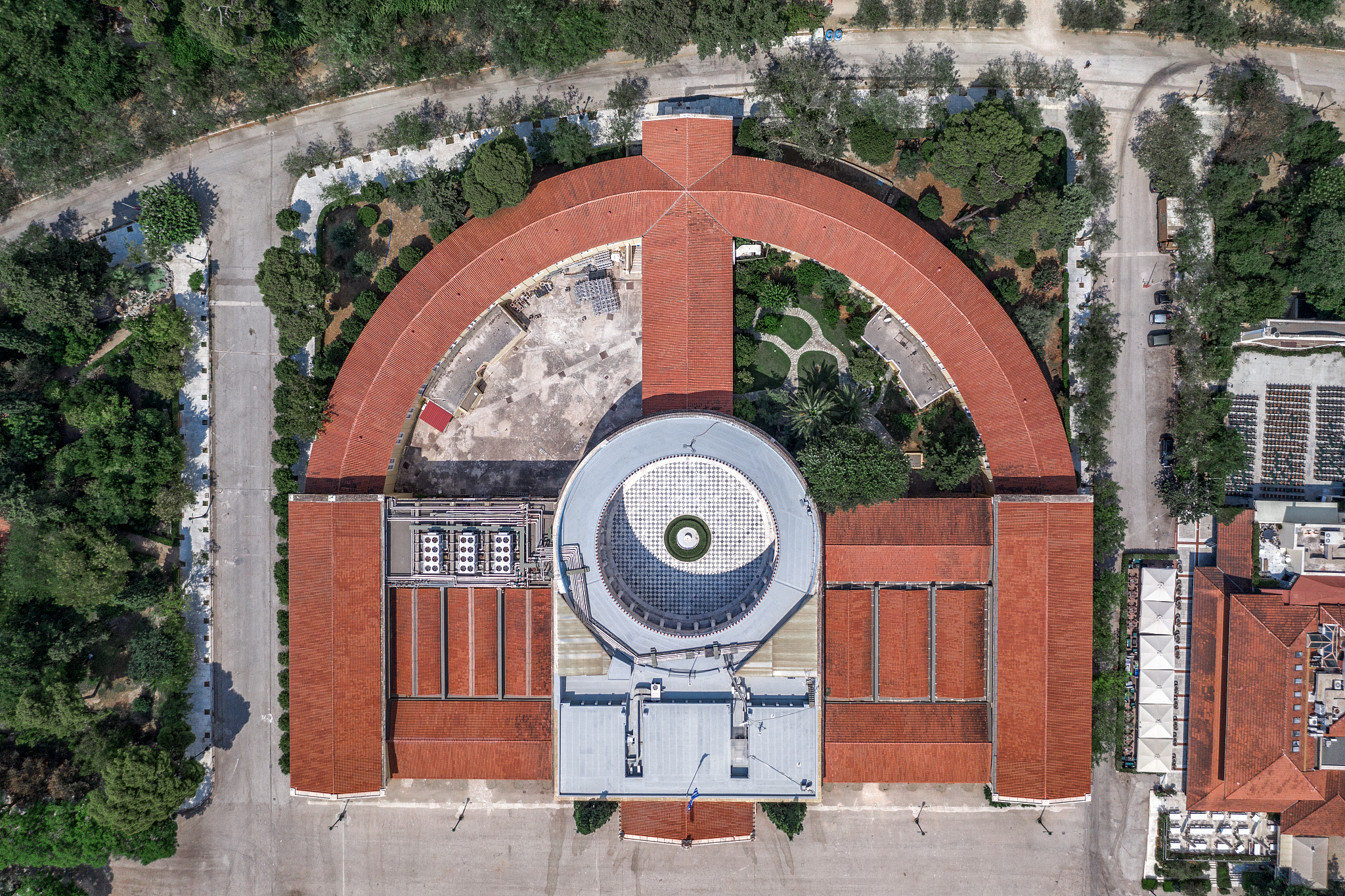 overhead aerial drone shot of zappeion hall in national garden o
