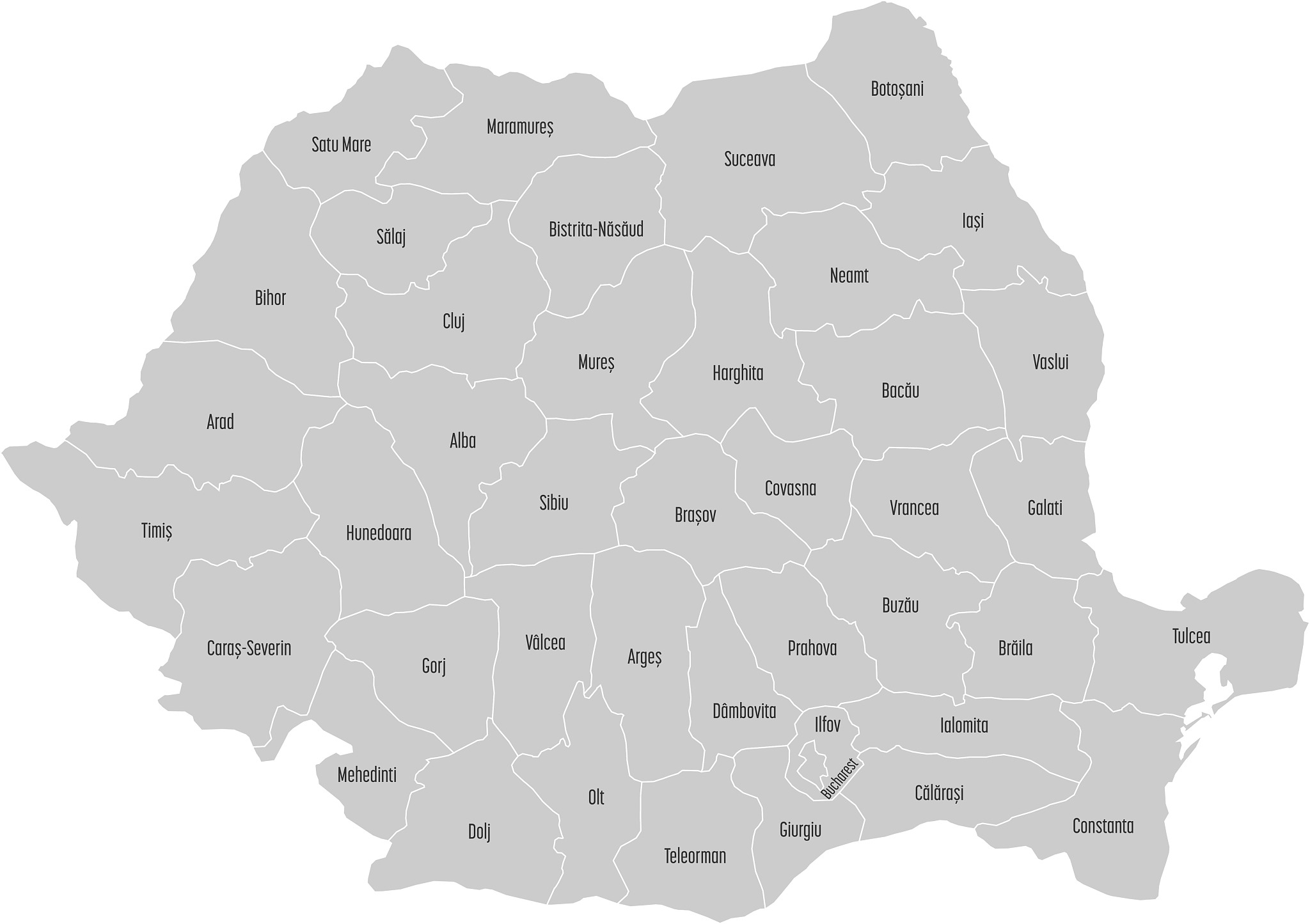 administrative counties of romania. vector map with labels