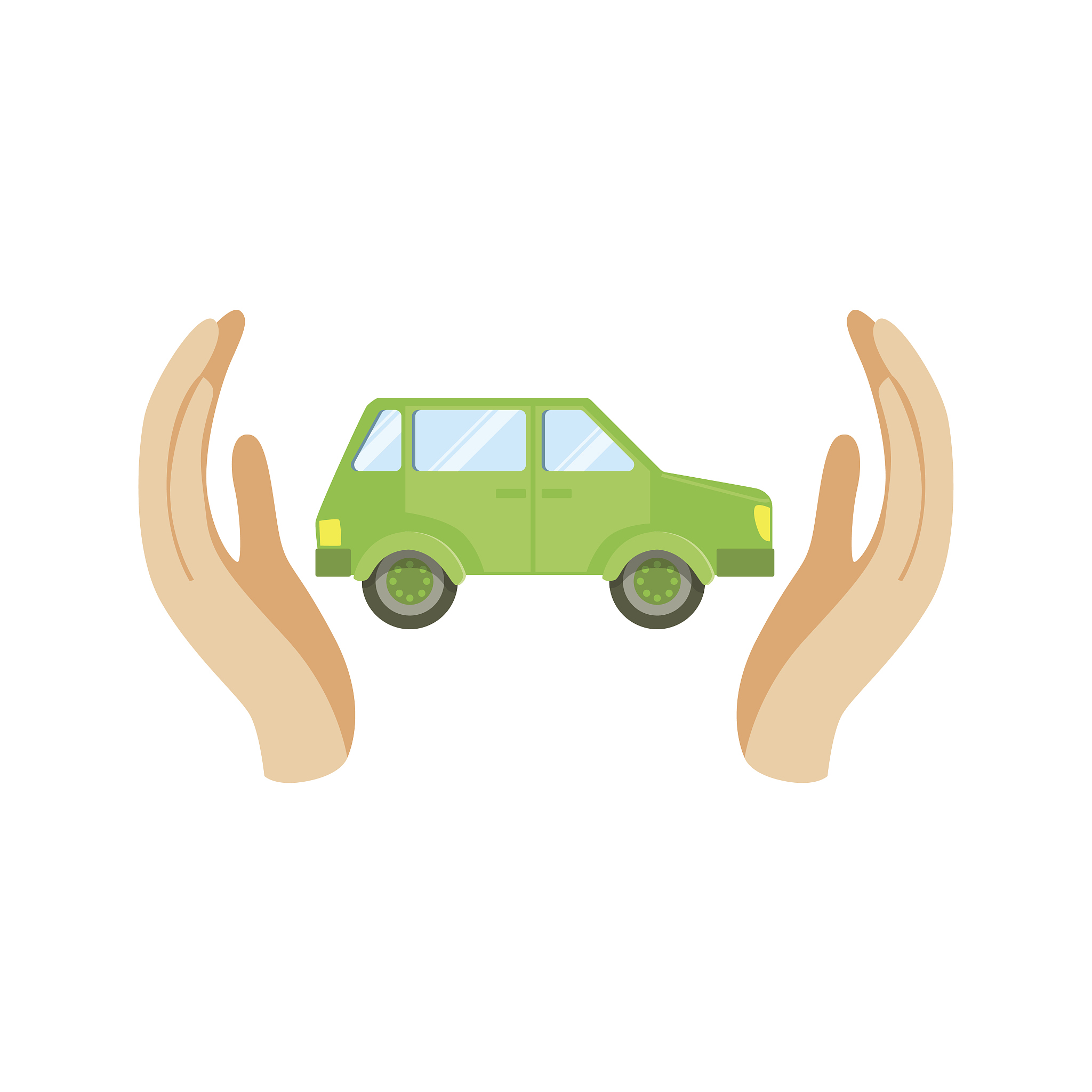 green car protected by two palms