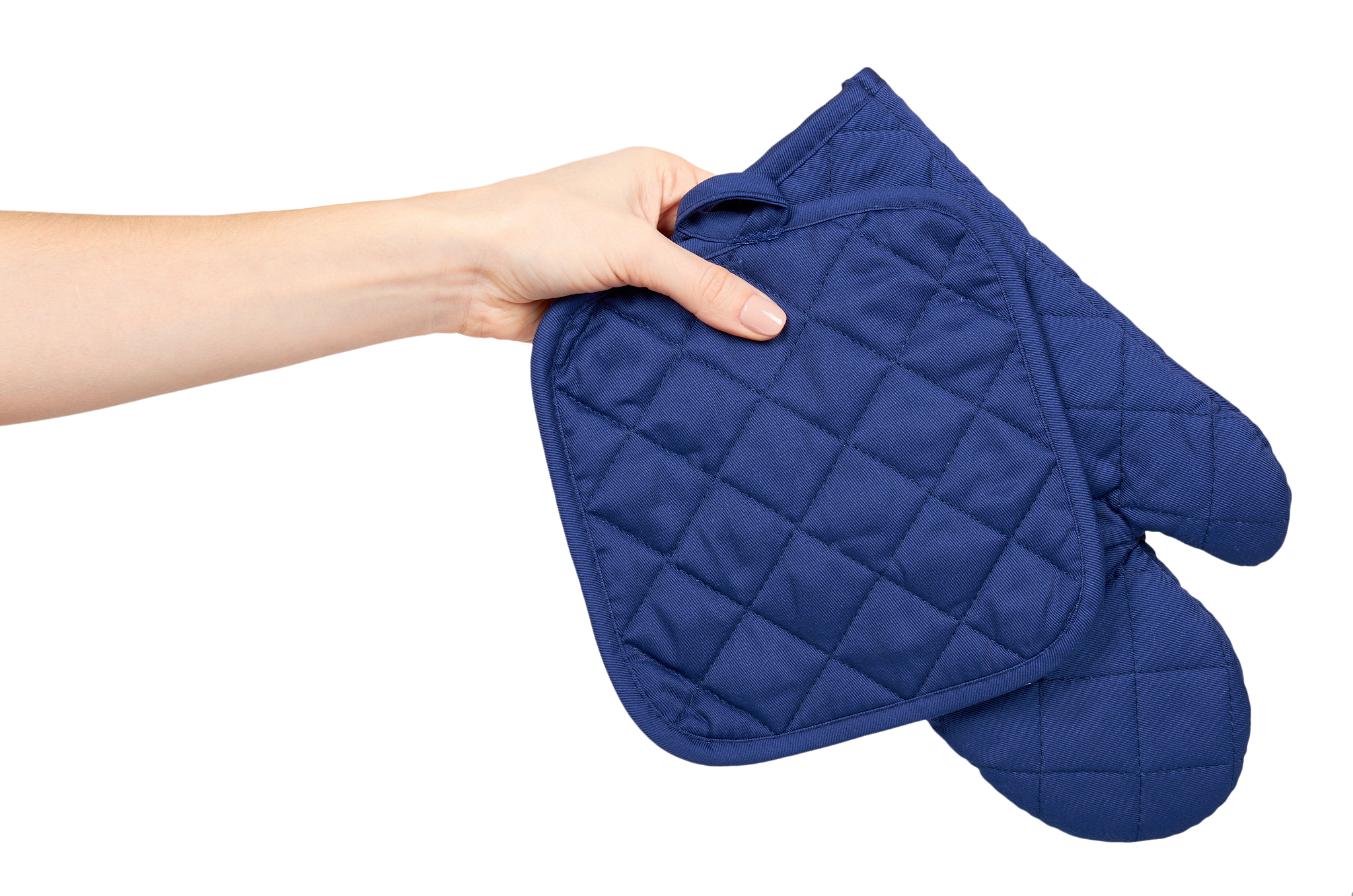 hand with blue kitchen glove, heat protection and safety.