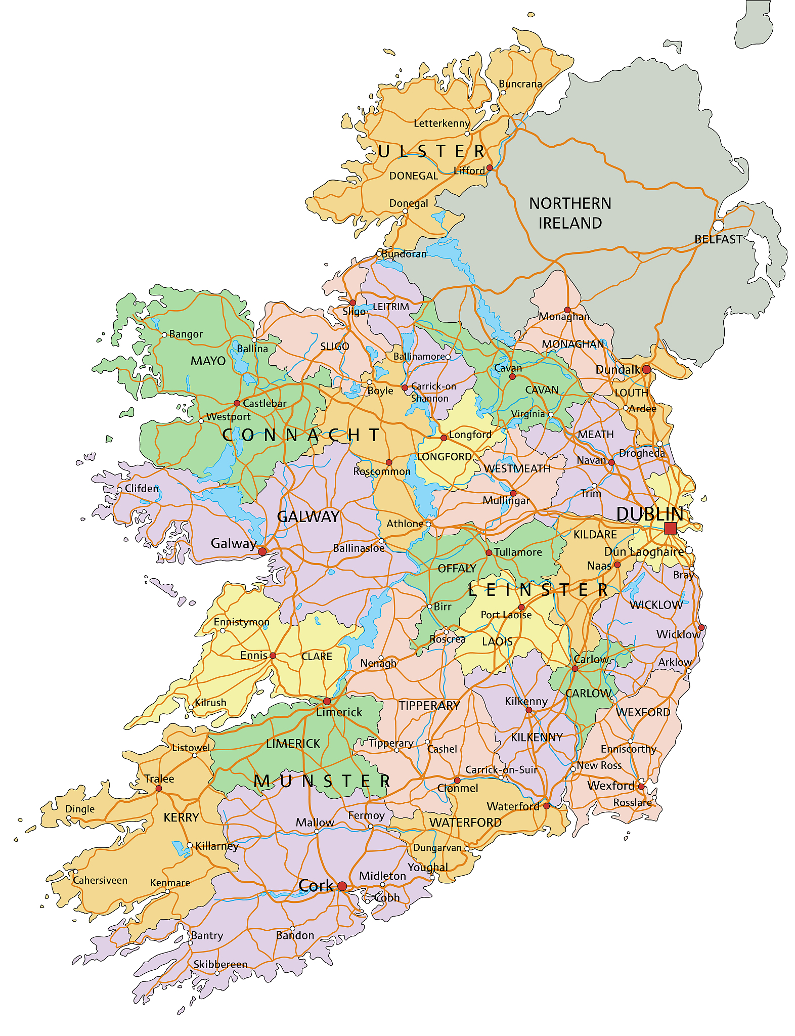 ireland - highly detailed editable political map with labeling.
