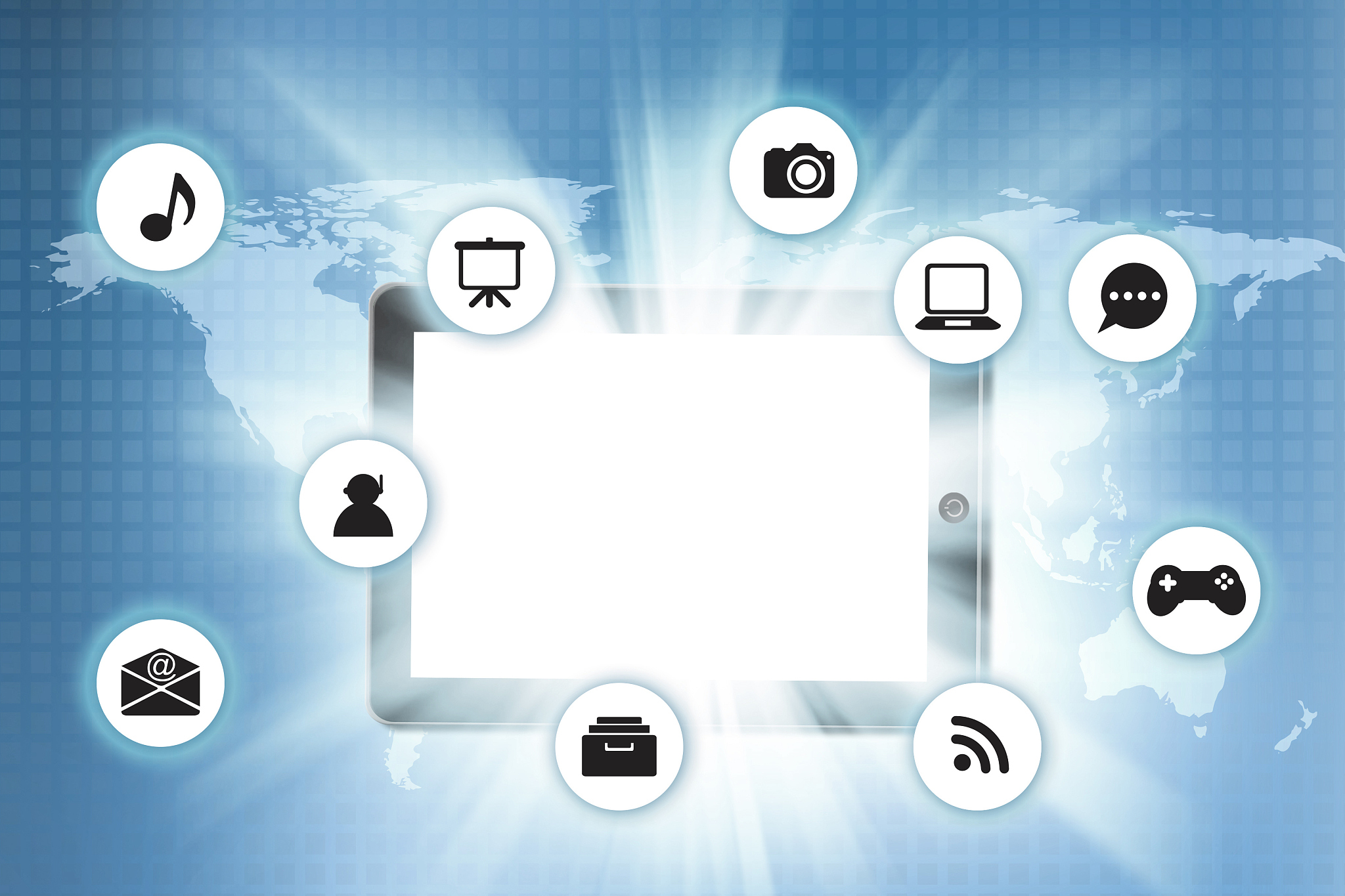 tablet pc with icon on technology background