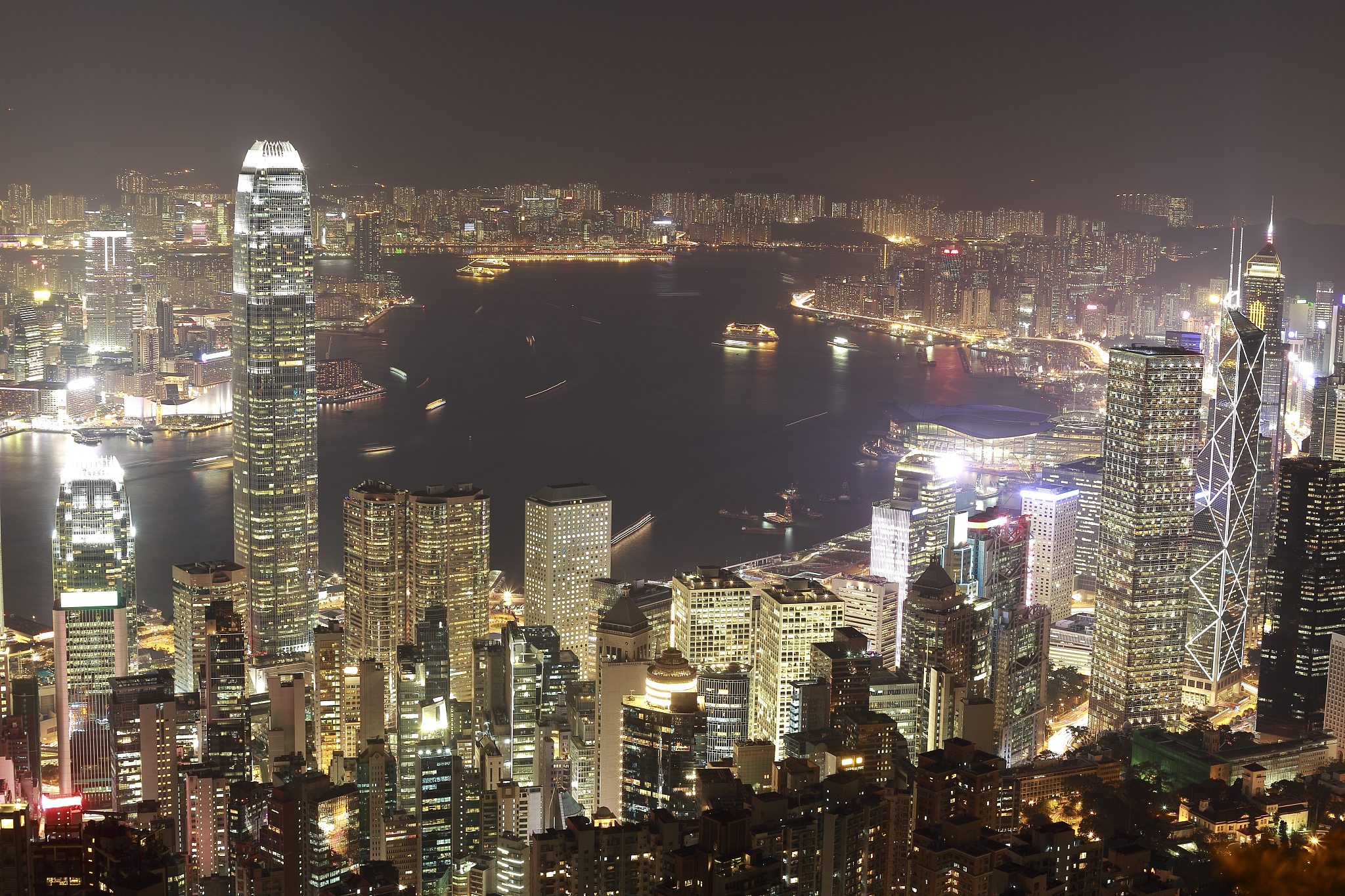 bird's view of victoria harbor in hk skyline night