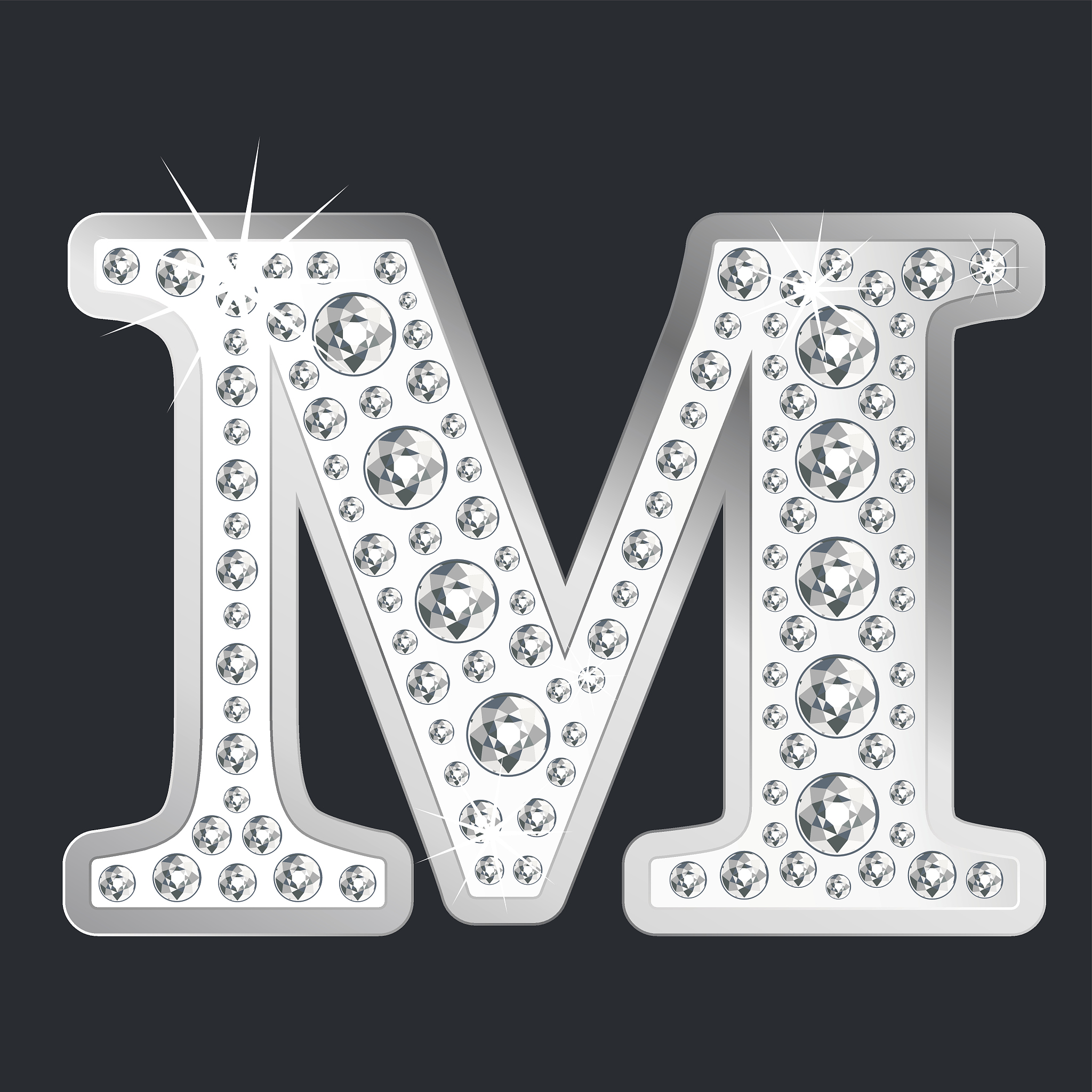 silver shining letter m with diamonds