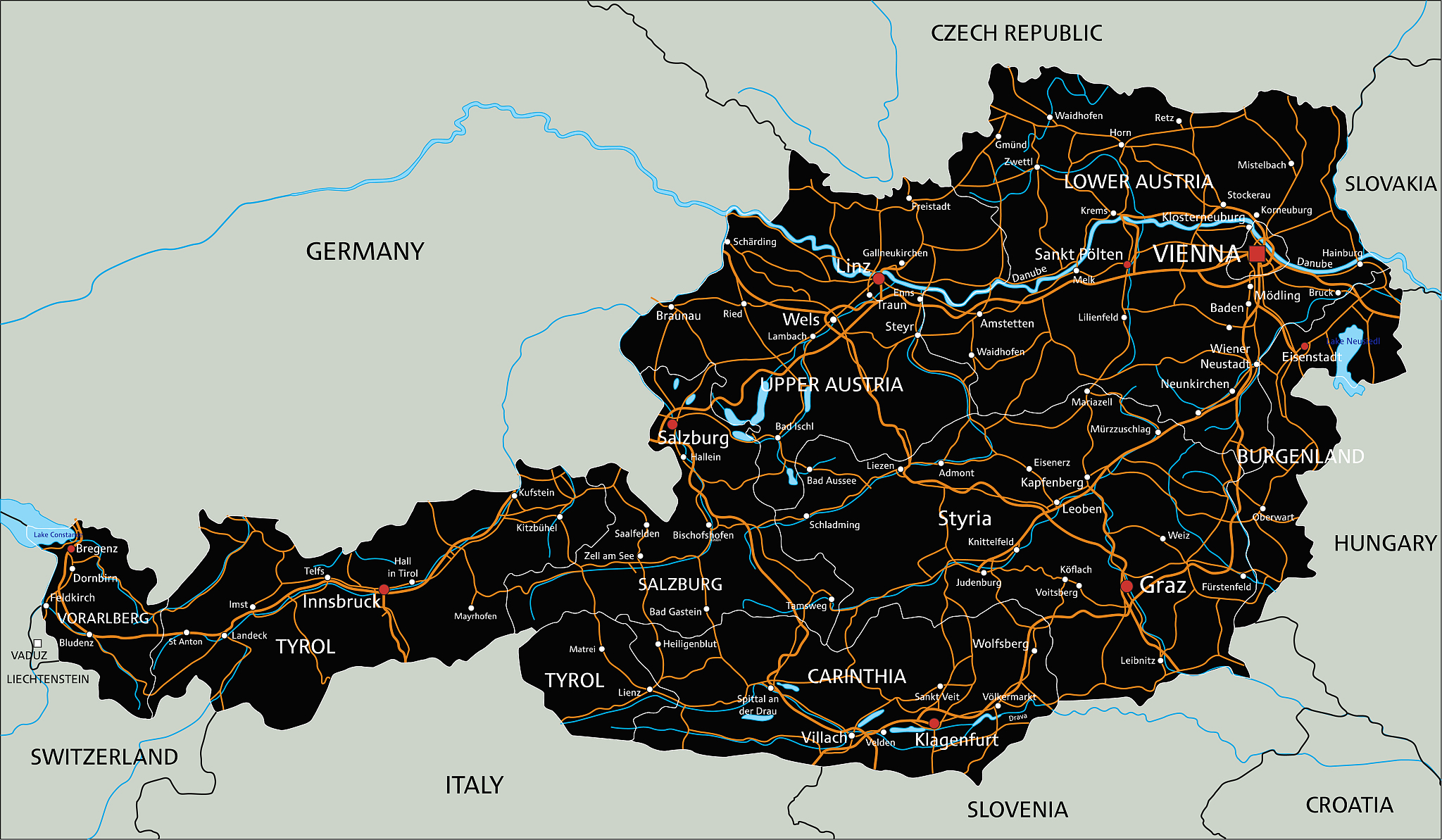 high detailed austria road map with labeling.