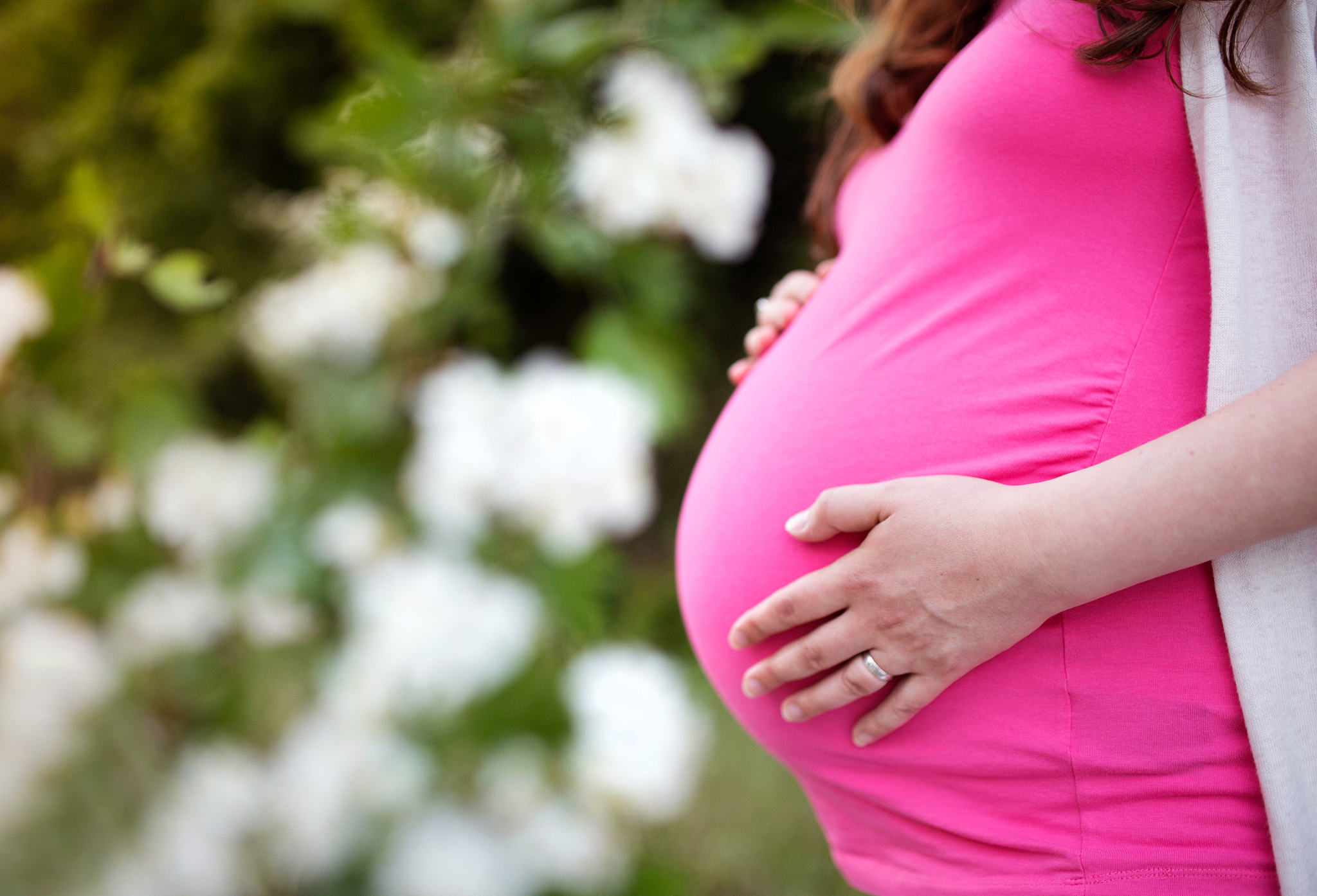 unrecognizable pregnant women holding her belly. summer nature.