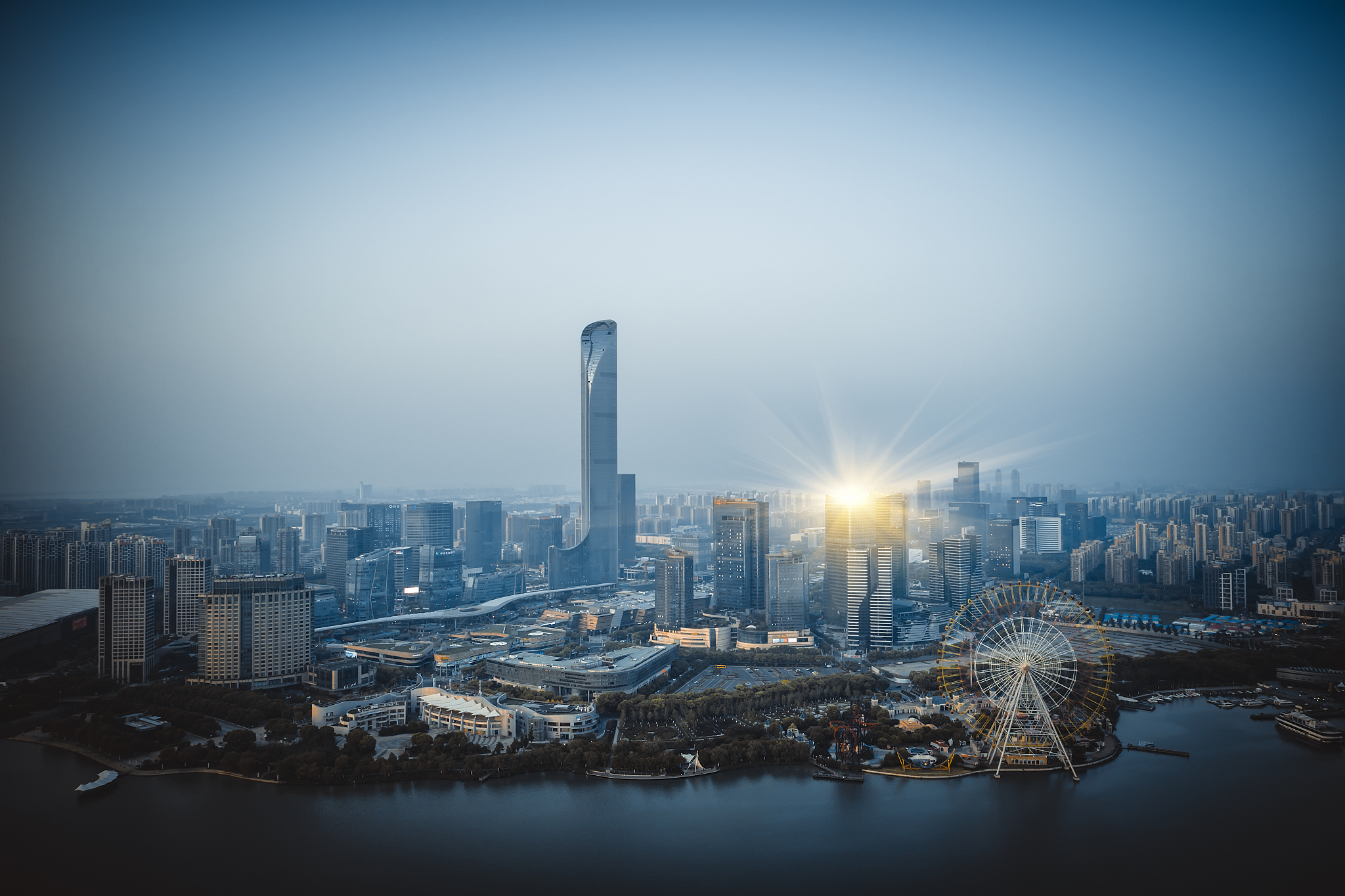 aerial view of suzhou industrial park at night