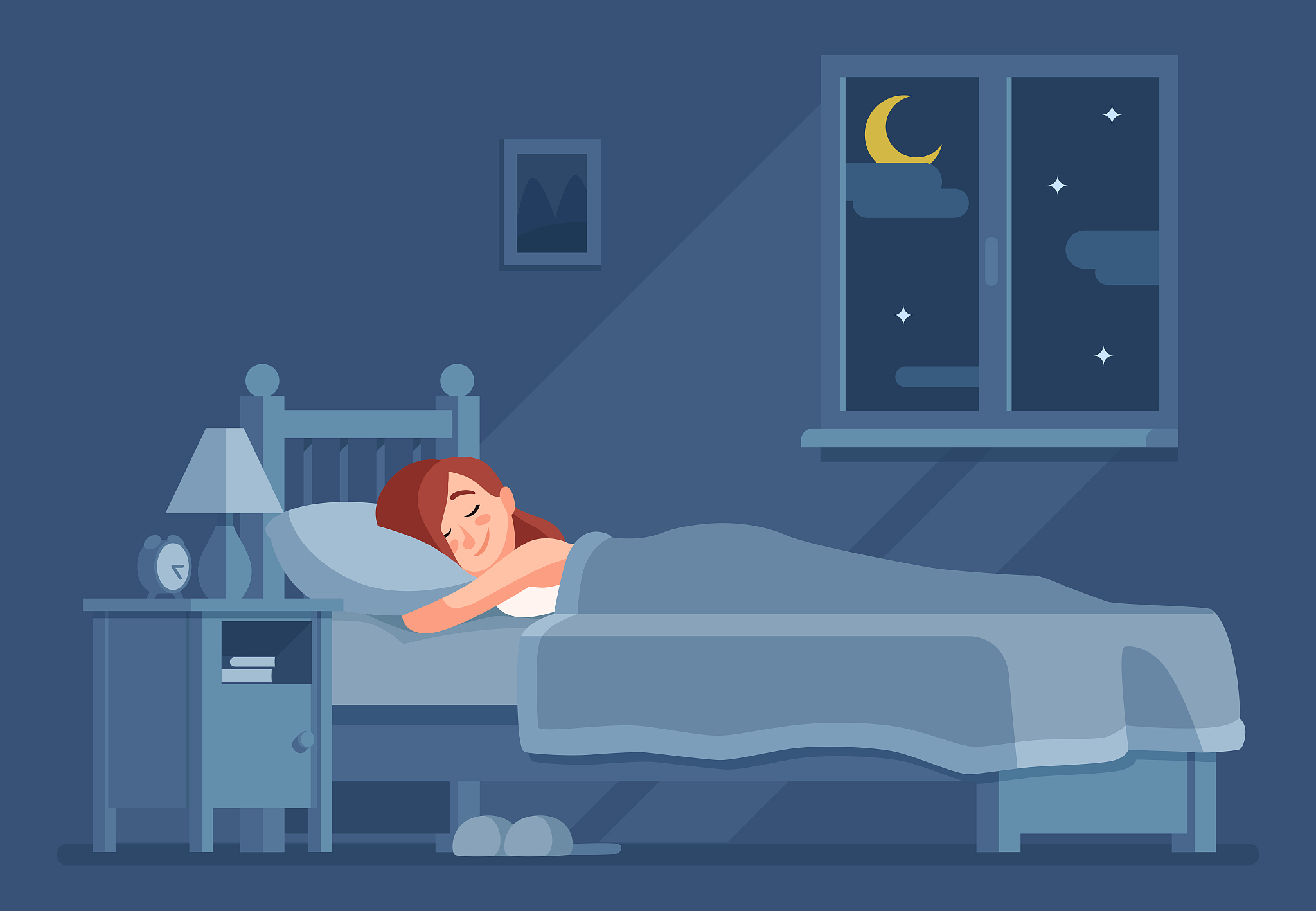 lady sleeping at night. woman sleep in bed under duvet cartoon v